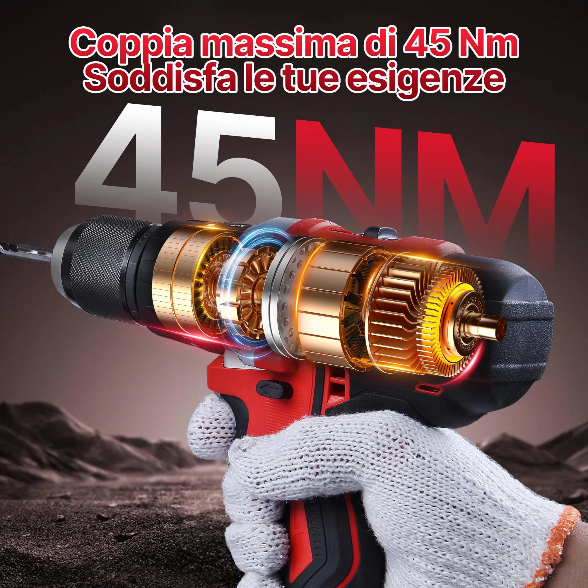 TEENO Trapano Avvitatore a Batteria 20V, Avvitatore Elettrico 45Nm con 2 Batterie 2,0Ah, Trapano a Percussione con 20+3 Regolazioni di Coppia, 2 Velocità, Mandrino 13mm, LED, Valigetta e Accessori