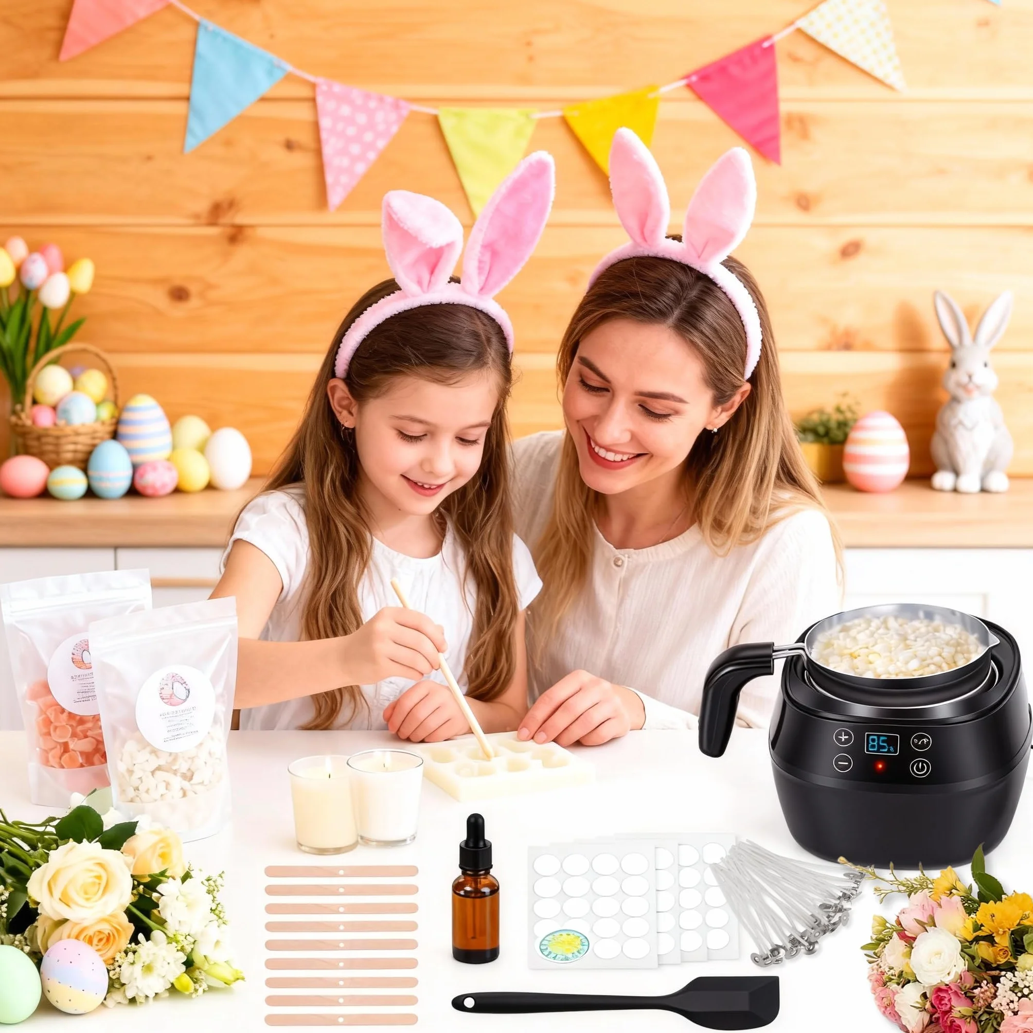 HISUEKIG 1L Sciogli Cera per Candele Elettrico, 150W Pentola per Fusione di Cera con LED Digitale Display, indicatore di temperatura, stoppini, centraggio e cucchiaio per produzione di candele