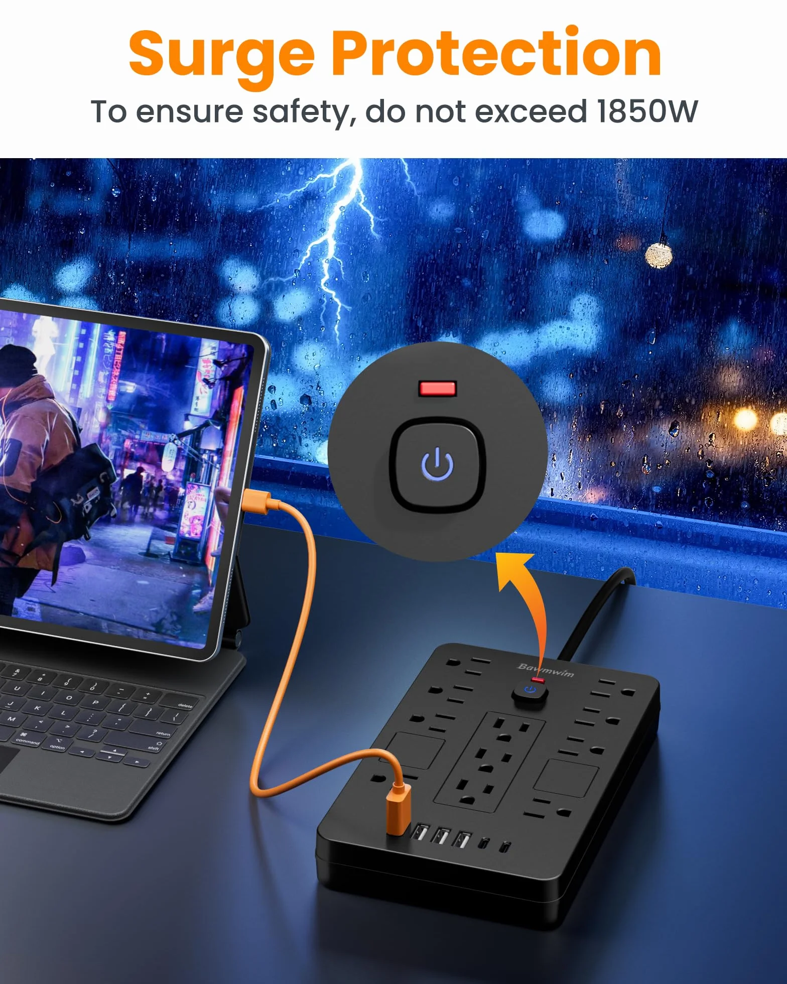 Ciabatta con protezione contro le sovratensioni, 11 prese (1850 W/15 A) con 6 porte USB (2 USB C), cavo di prolunga piatto da 1,8 m, montaggio a parete, nero