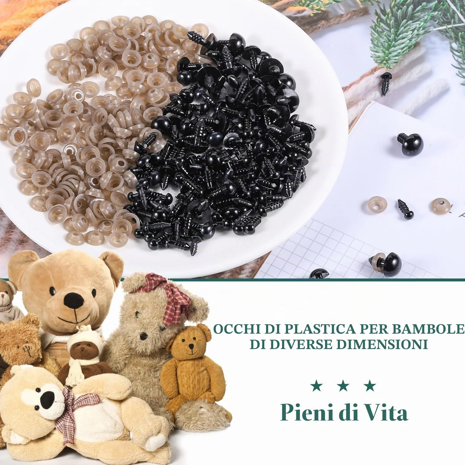 PAEFIU 100 Pezzi Occhi Amigurumi, 6/8/9/10/12mm Occhi di Sicurezza per Amigurumi con Rondelle, Occhi per Pupazzi per Peluche Bambola Fai da Te-con Scatola