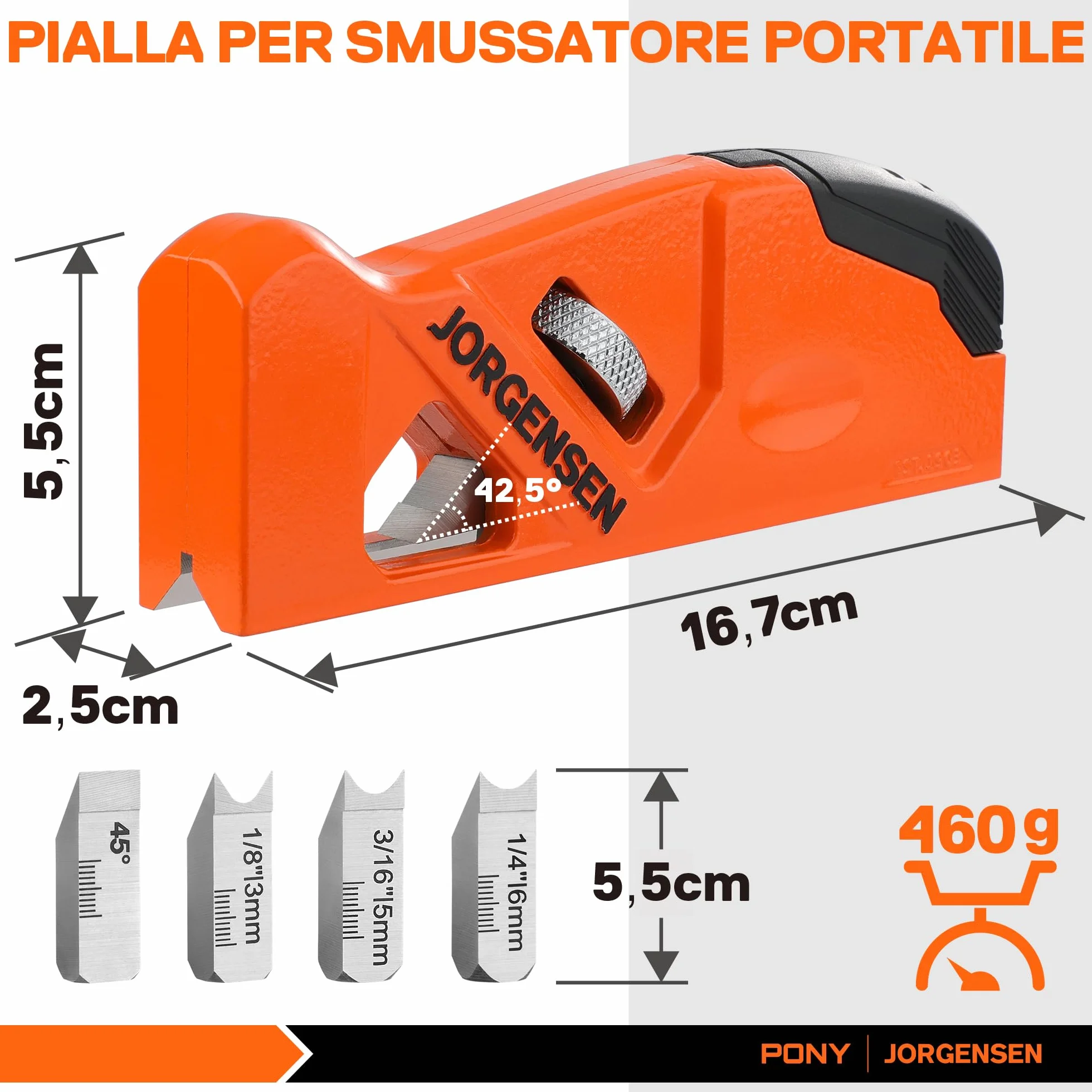 JORGENSEN Pialla a Manuale Mano per Legno Suite 4 Teste di Taglio 45°/3/5/6mm, Piano Angolare per Lavorazione del Legno