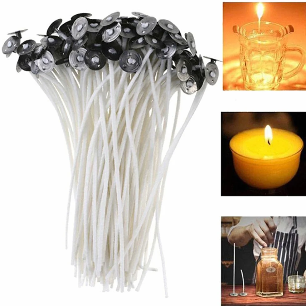 100 stoppini per candele in cotone naturale, commestibili per uso alimentare, con linguette di supporto in metallo, per realizzare candele a colonna e fai da te (10 cm)