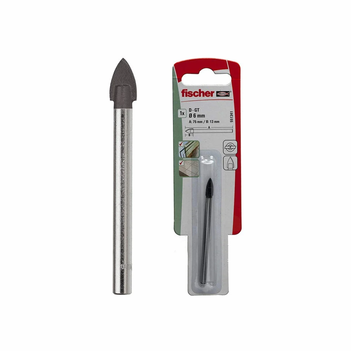 Fischer Punta per vetro, ceramica e piastrella con tagliente in metallo duro per vetro e ceramiche D-GT PV 8 K, 551343