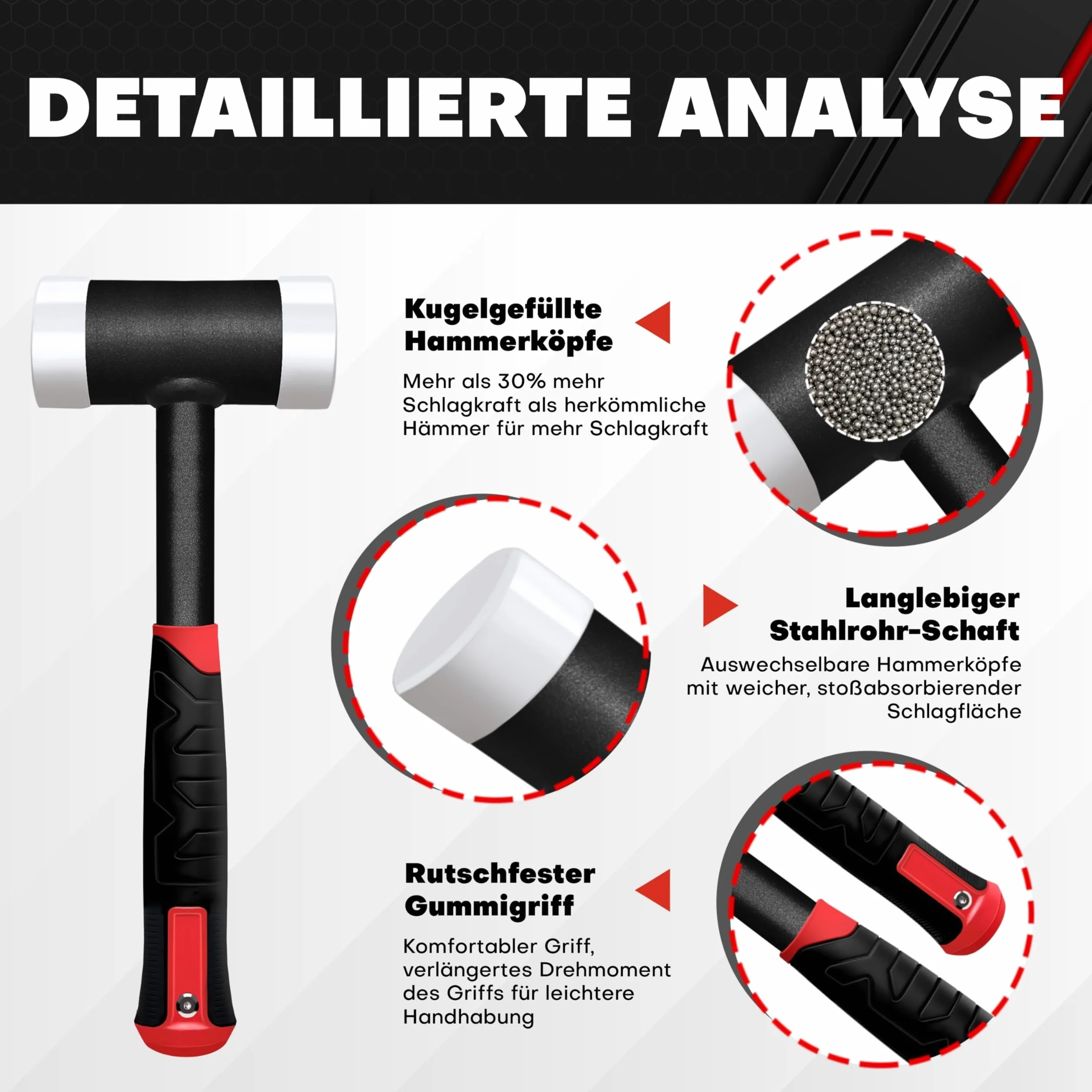 C&T Martello protettivo senza contraccolpo, martello di protezione, diametro 50 mm, manico in acciaio tubolare, teste intercambiabili in poliammide per scopi di manutenzione e montaggio