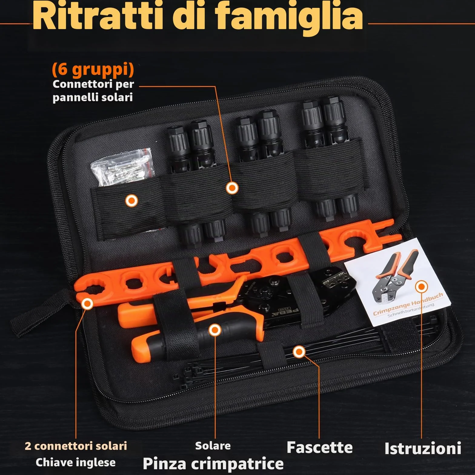 PEBA Set di Pinze Crimpatrici Solari, Pinza Crimpatrice Solare per 1.5-2.5/4.0/6.0 mm² Cavo PV, Incl. Crimpatrice + Pannello Solare Connettori Fotovoltaico+ Chiave Inglese per Cavo di Collegamento