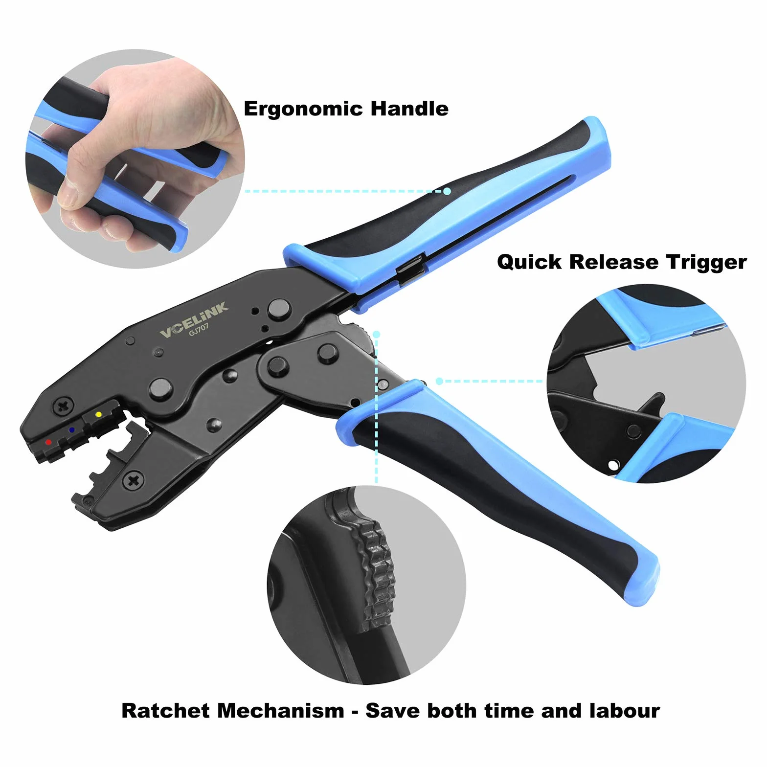 VCELINK Pinza Crimpatrice Capicorda AWG 20-10(0,5-6mm²) GJ707, Pinza Crimpatrice Faston, Pinza per crimpare terminali elettrici, Blu