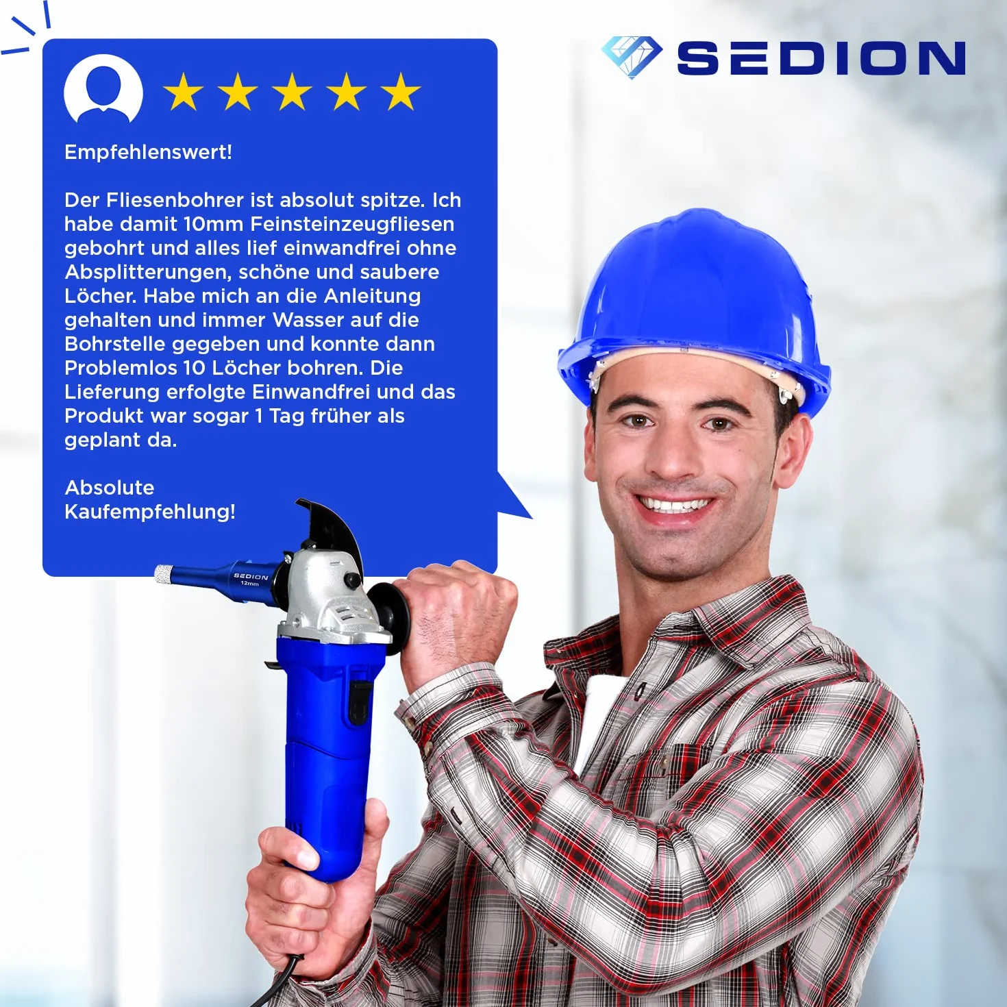 Trapano per piastrelle 12mm x M14 - Punta per forare piastrelle dure - Punta diamantata 12 mm - Sedion qualità premium diamanti di alta qualità - compatibile con Bosch Makita uvm.