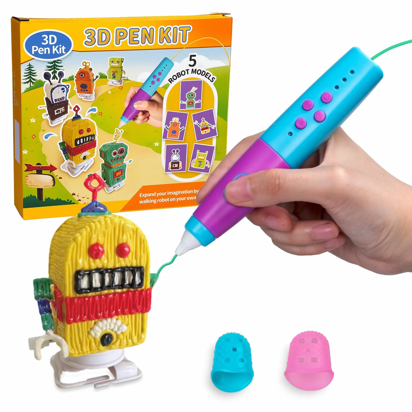 Kretrum Penna 3D per bambini, a bassa temperatura, kit di penne per stampa 3D con stencil robot, protezioni per le dita, filamento PCL da 1,75 mm, ecc. Penna 3D, miglior regalo di compleanno per