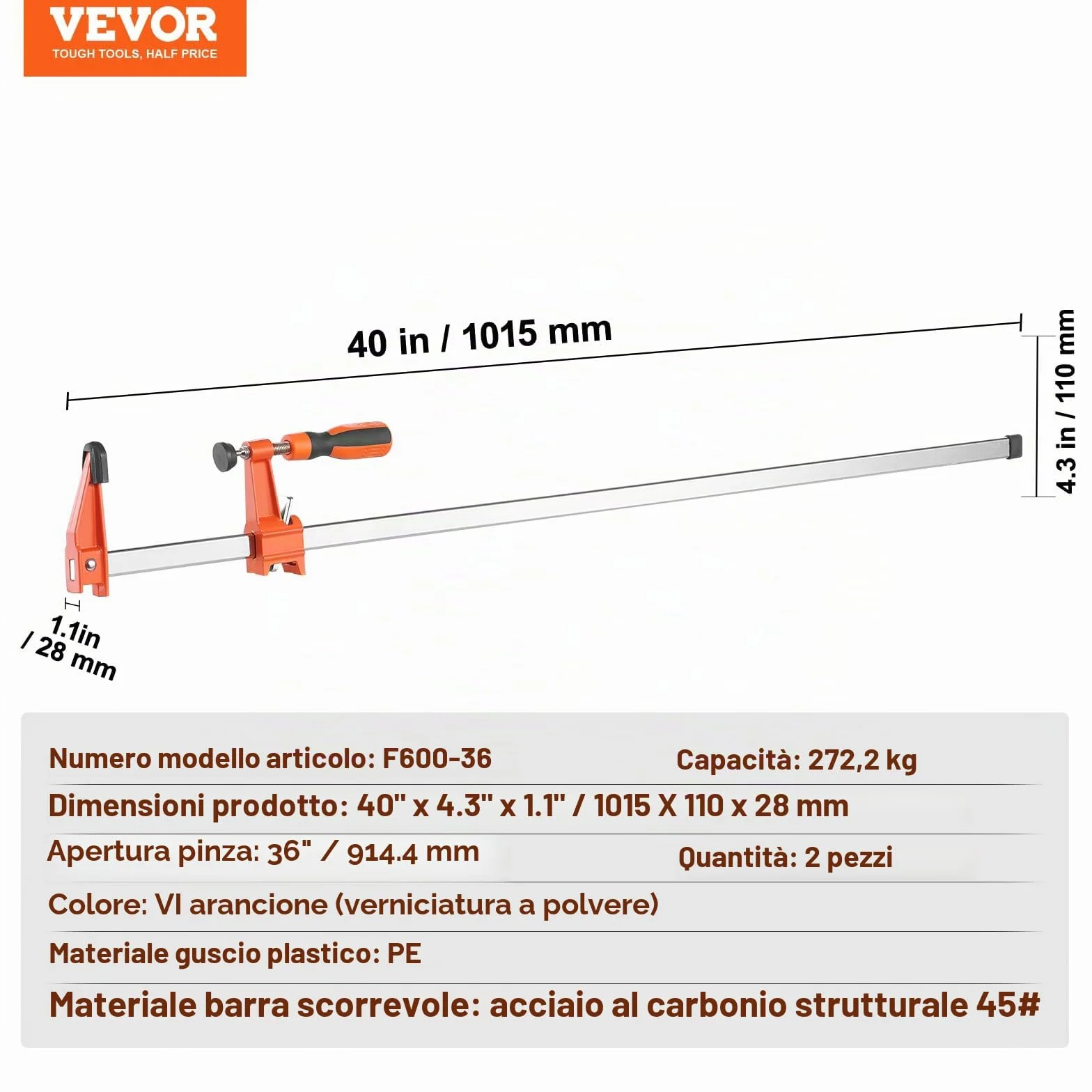VEVOR Morsetti a barra per la lavorazione del legno, Morsetto/Divaricatore da 36" in confezione da 2, Morsetto F a cambio rapido con limite di carico di 600 libbre, Profondità della gola 2,5", Ghisa