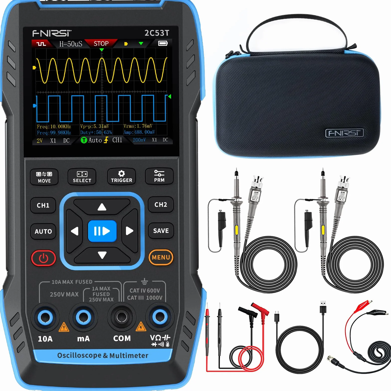 FNIRSI 2C53T Oscilloscopio Portatile, Oscilloscopio/Multimetro/Generatore DDS Digitale 3IN1, Freq. di Campionamento 250MS/s, 50MHz, 19999 Conteggi, Test di Tensione, Corrente, Condensatore, Resistore
