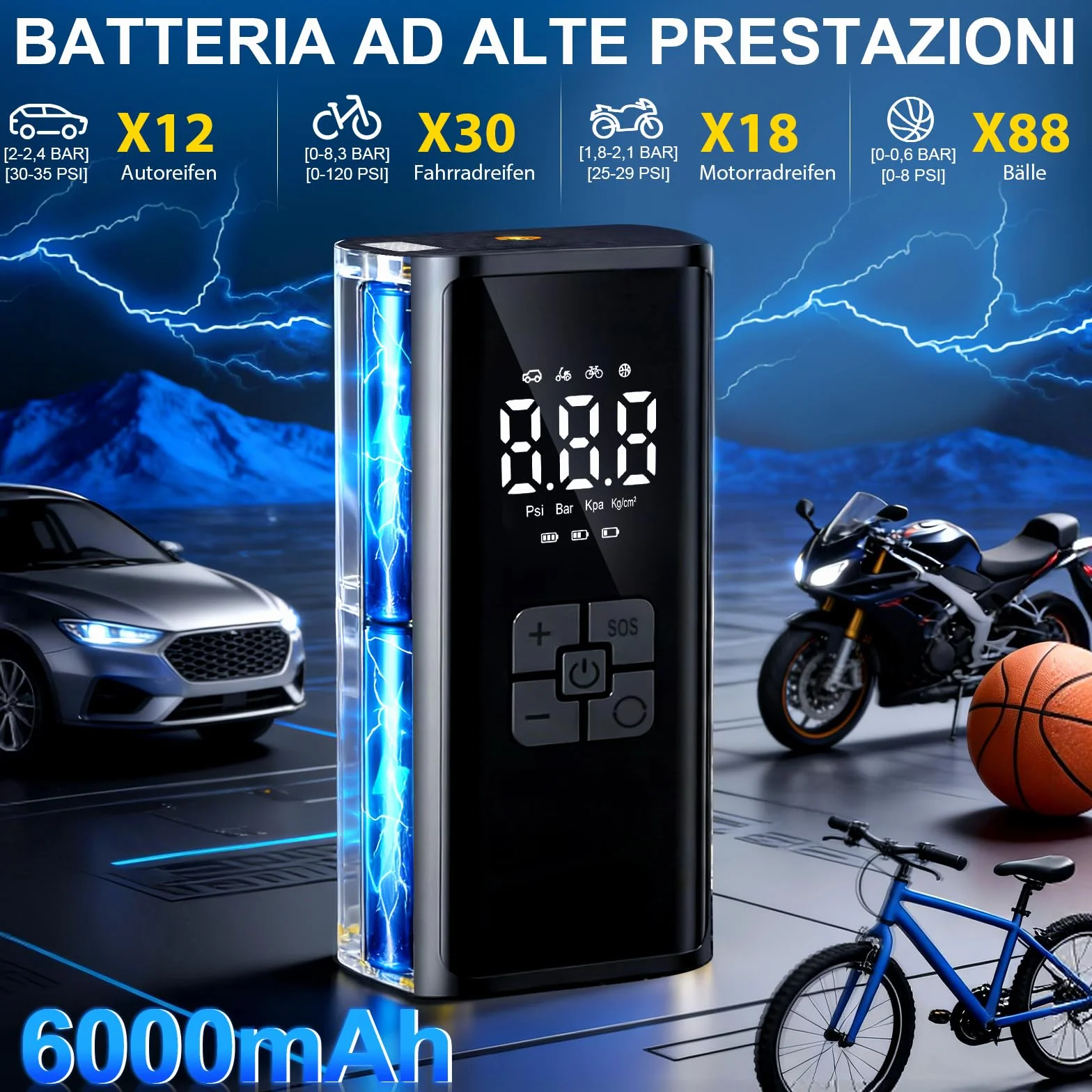 Compressore Aria Portatile, Compressore Portatile Bici, 150 PSI (10,3 Bar), Compressore Portatile Moto, Gonfiatore Elettrico con Automatico, LED, per Bicicletta, Auto, Moto, monopattino, Palloni