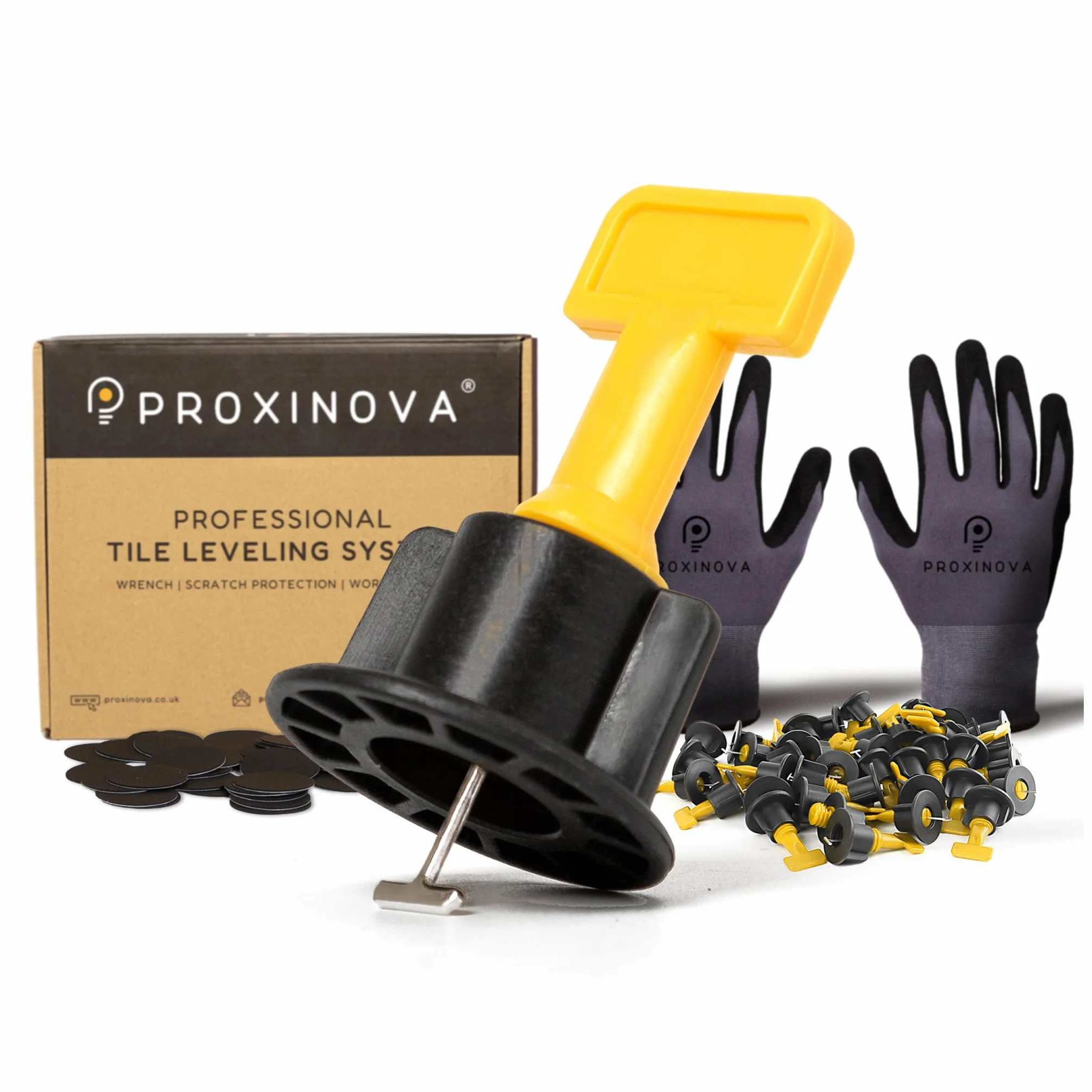 Kit Sistema di Livellamento Piastrelle Proxinova 100pcs, Distanziatori per Piastrelle, Sistema Anti-Graffio, 2 Chiavi, Guanti da Lavoro, 100 Perni