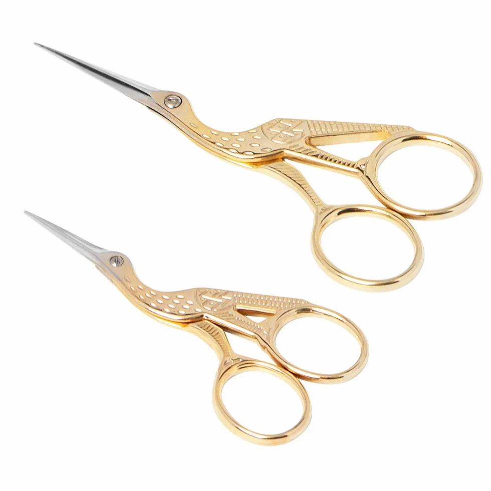 Forbici da Ricamo, Set da 2 Pezzi, Forbici da Cucitura Forma di Cicogna, Acciaio Inox, Stile Vintage, per Ricamo, Cucito, Artigianato Fai-Da-Te, Uso Quotidiano (Dorate, 3,6 Pollici & 4,5 Pollici)