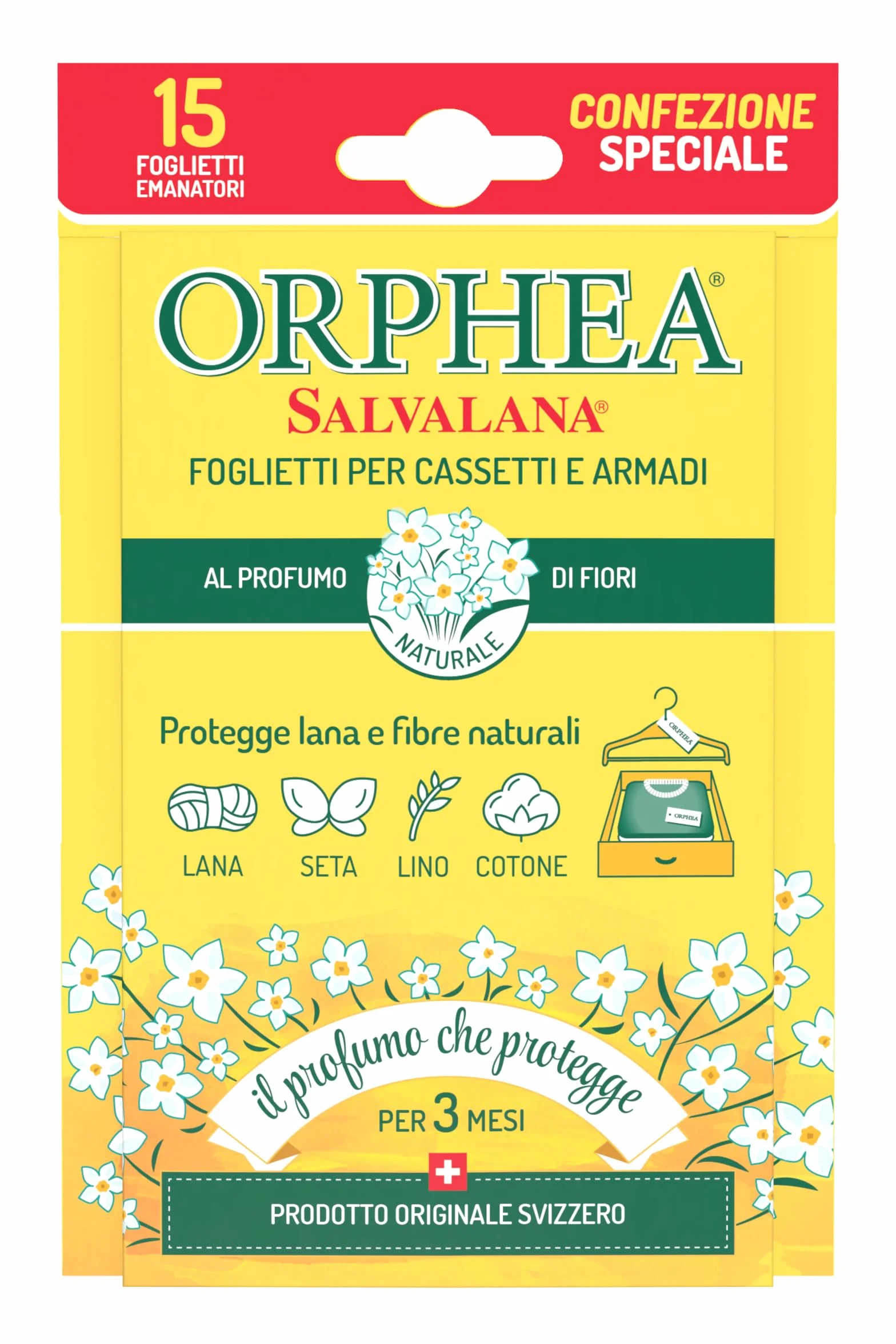 Orphea Salvalana, Foglietti per Cassetti e Armadi, Protegge Lana e Vestiti Tutta la Stagione, Profumo di Fiori, agisce per 12 settimane - 15 Foglietti Emanatori