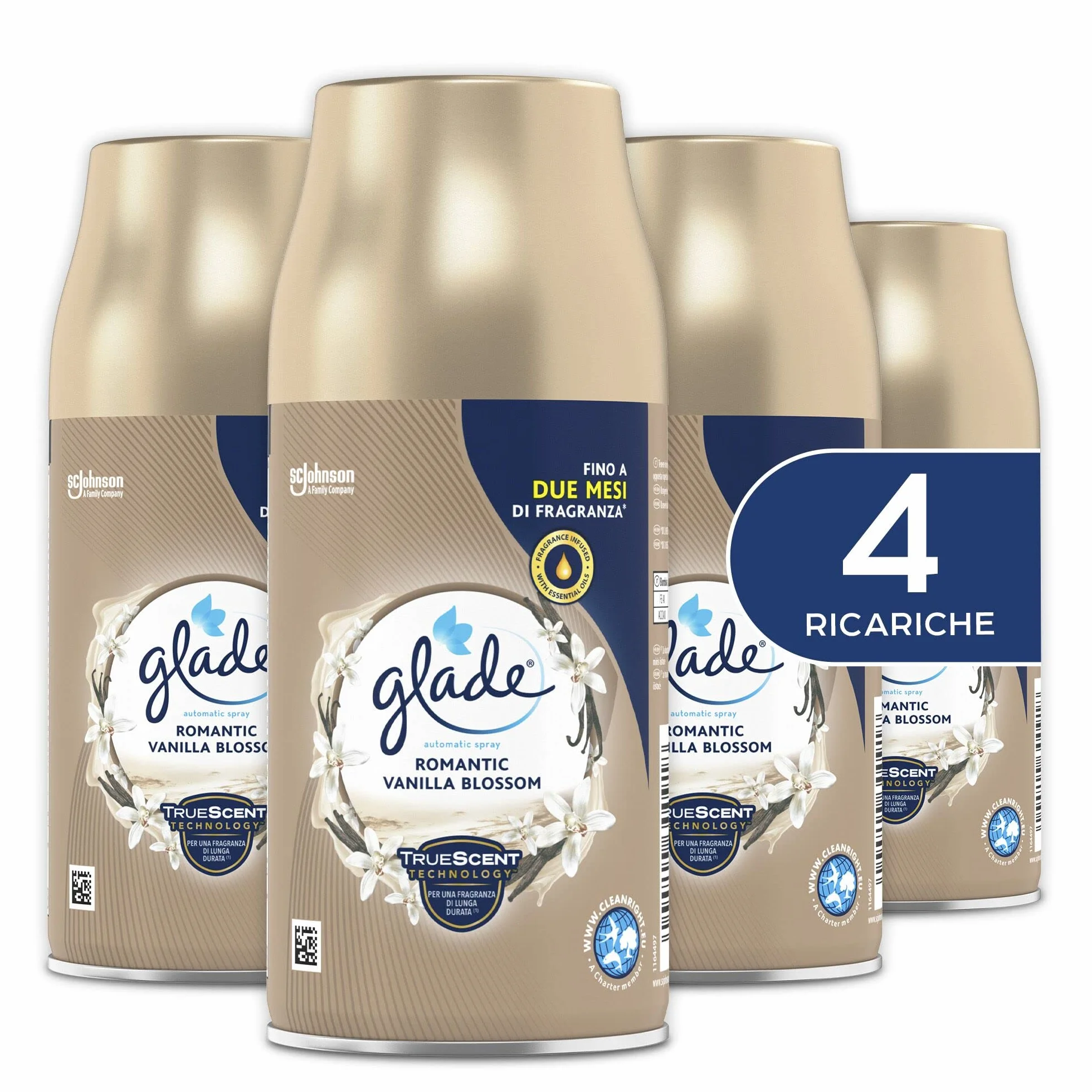 Glade Automatic Spray Ricarica, Profumatore per Ambienti, Fragranza Romantic Vanilla Blossom, Formato Scorta da 4 Ricariche da 269 ml