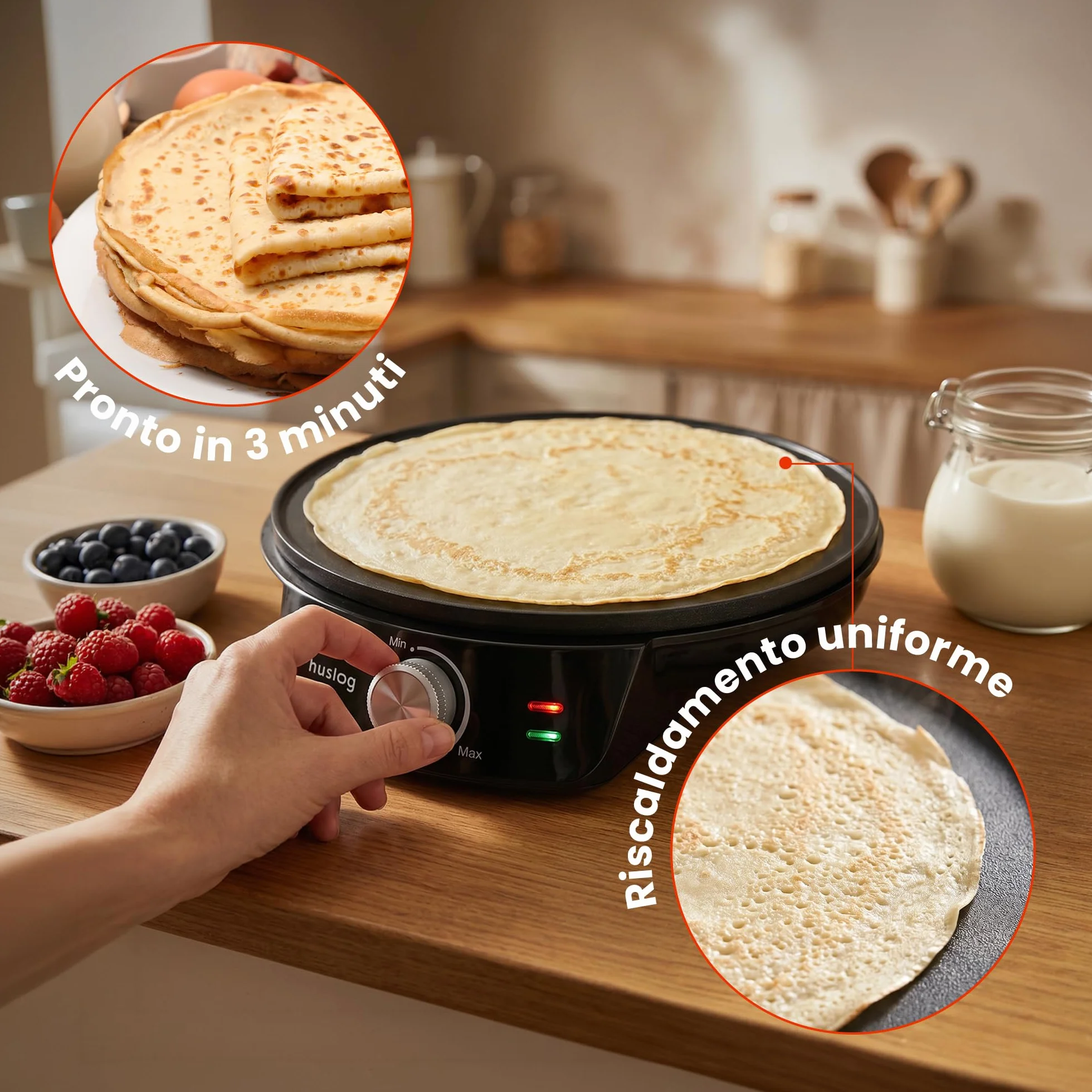 Crepiera Elettrica 1200W Ø29 cm Piastra Antiaderente Bordo Rialzato Temperatura Regolabile Nero