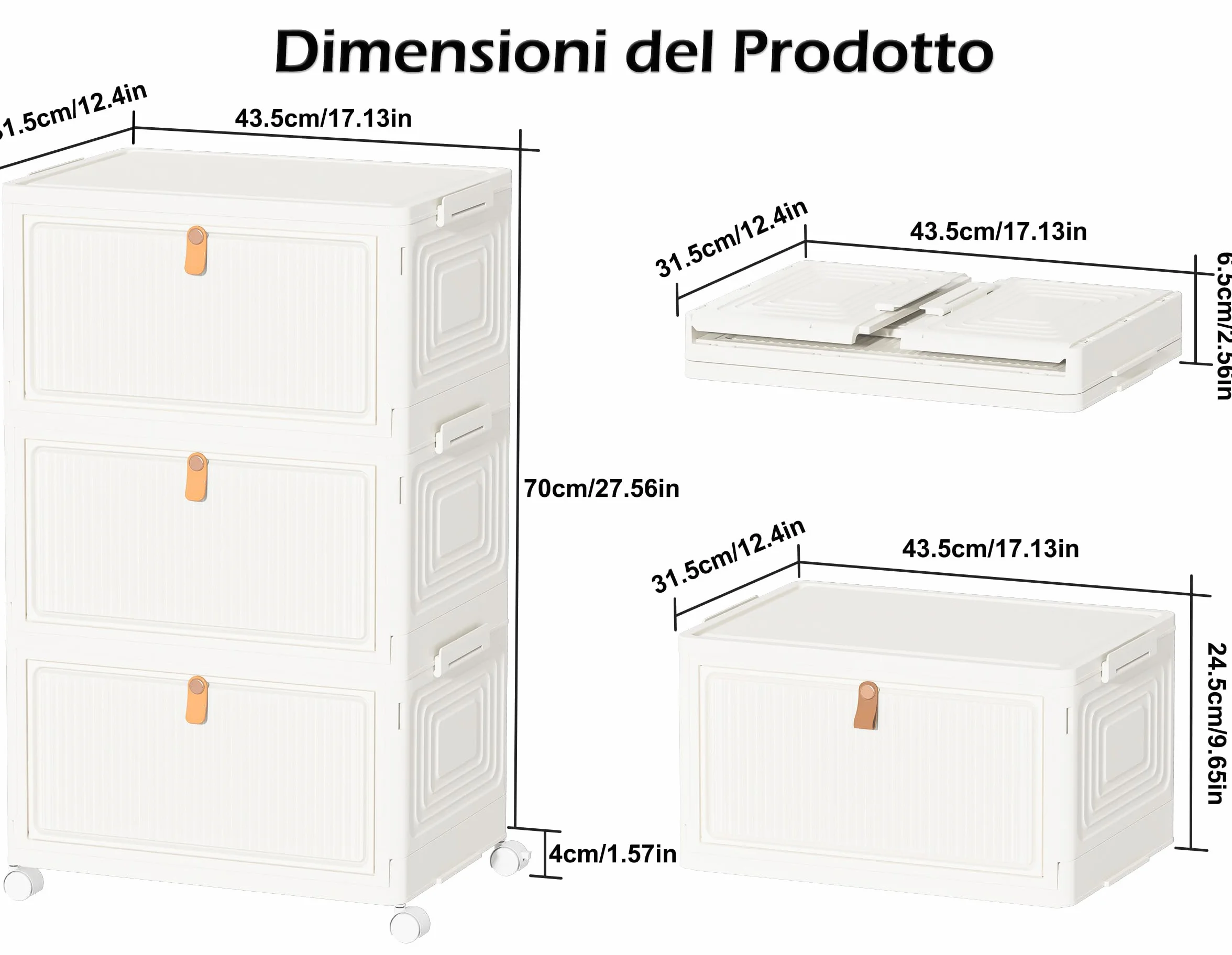 HOMIDEC Scatole Plastica con Coperchio e Ruote, Scatola Portaoggetti Pieghevole, Cassettiera Plastica, 33 L, 3 Unità, Adatto per Riporre Snack, Giocattoli, Libri, Vestiti, Bianco Crema