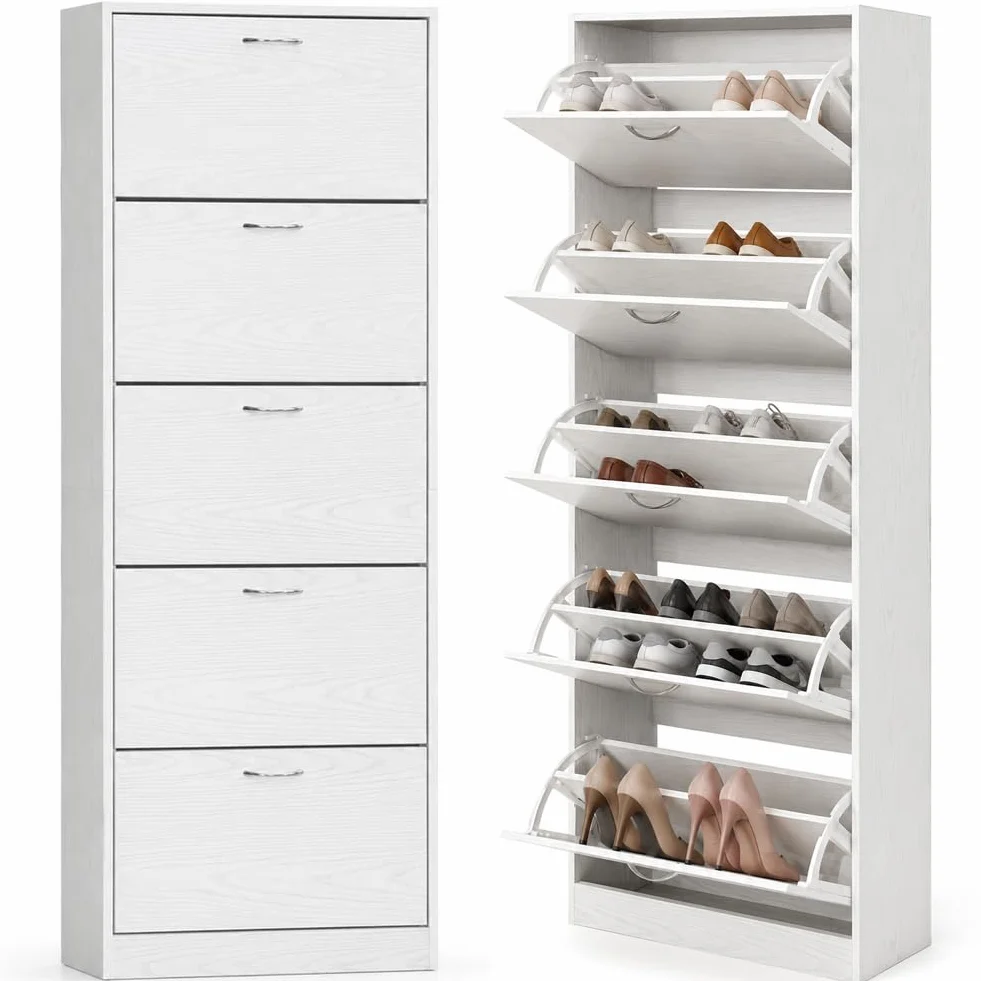 BAKAJI Scarpiera 5 Ripiani Salvaspazio con Maniglia, Portascarpe con Struttura in Legno e Ante a Ribalta con Doppio Fondo, Capacità Fino a 30 Paia di Scarpe, 63 x 24 x 170 cm (Bianco)