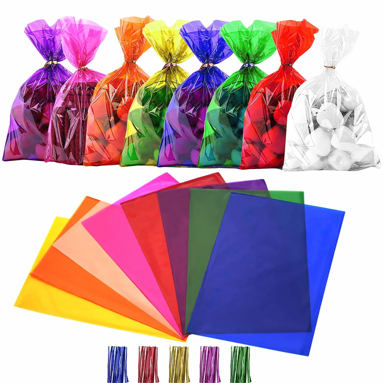 Cinvo 160 sacchetti colorati in cellophane con laccetti intrecciati, sacchetti colorati per panetteria, popcorn, biscotti, caramelle, dessert, feste, Halloween, Natale (8 colori, 15 x 22 cm)