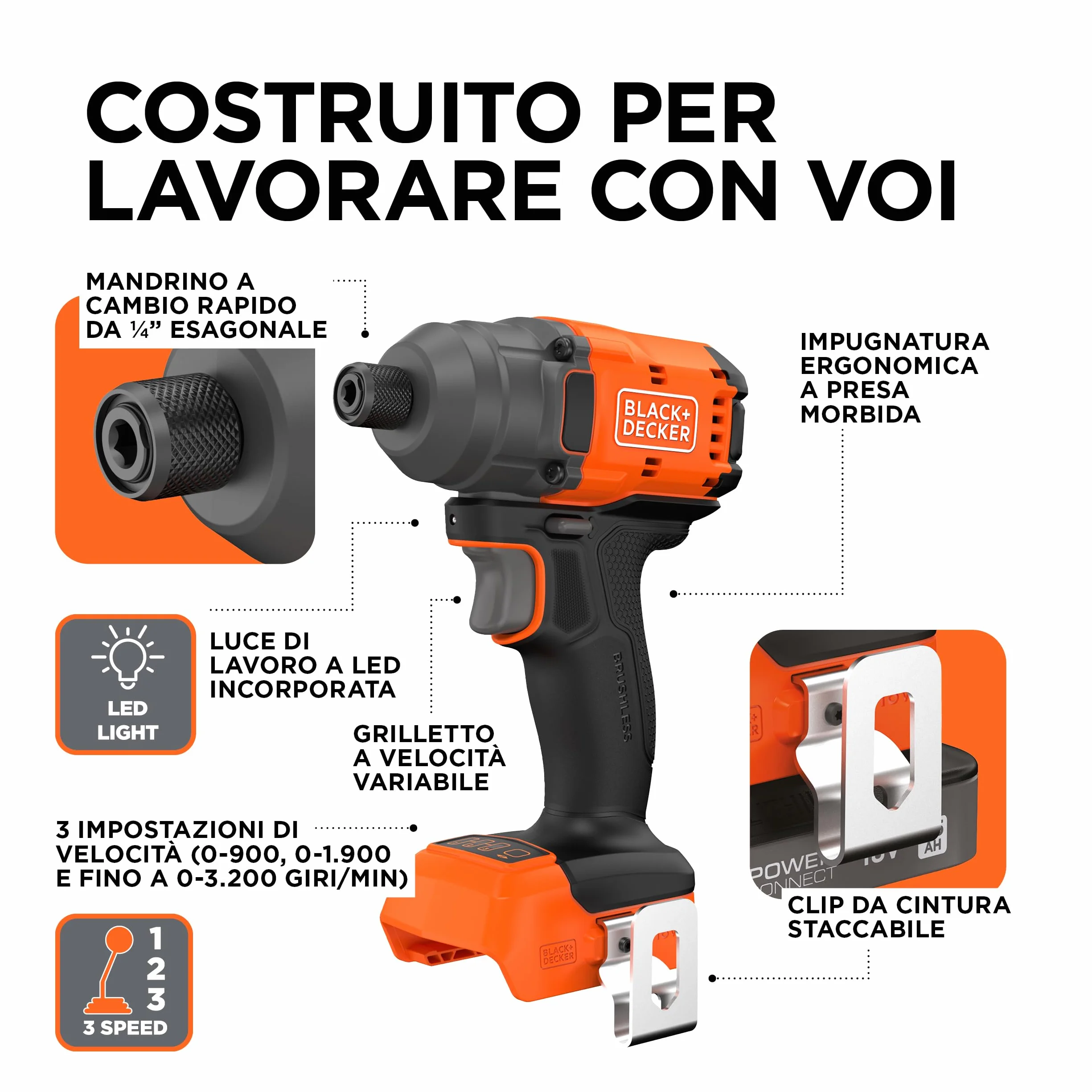 BLACK+DECKER Azionatore a impulsi senza spazzole, avvitatore a impulsi senza fili e 20 punte, senza batteria o caricatore, BLIM78NZ-XJ