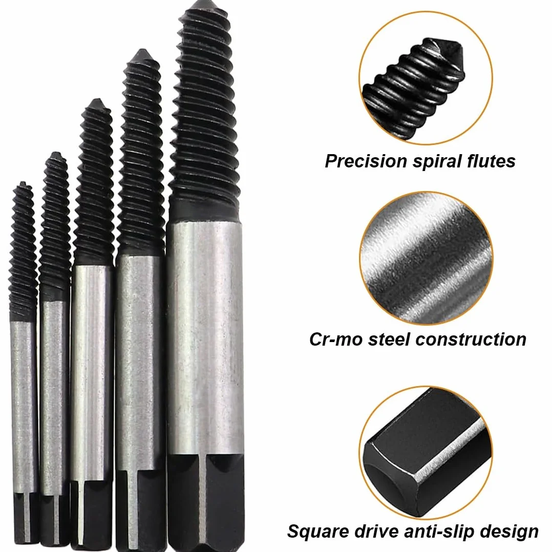 Estrattore Viti Spanate,5 Pezzi Estrattore Viti Danneggiate,Screw Extractor,Dispositivo di Rimozione Bullone Rotto in Acciaio per Bulloni e Vitis