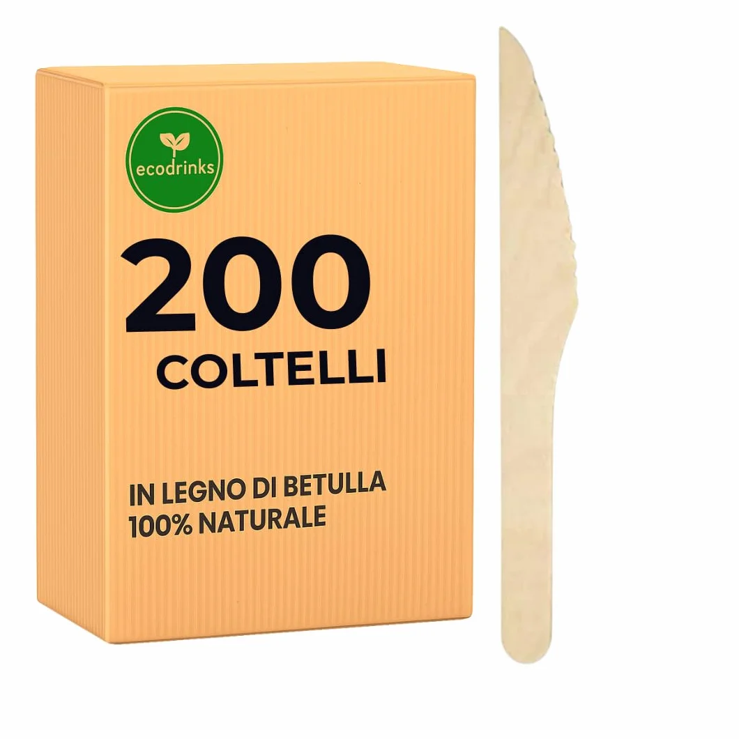 Coltelli in Legno di Betulla Biodegradabili Compostabili Design Rustico 16,5cm 200 Pezzi
