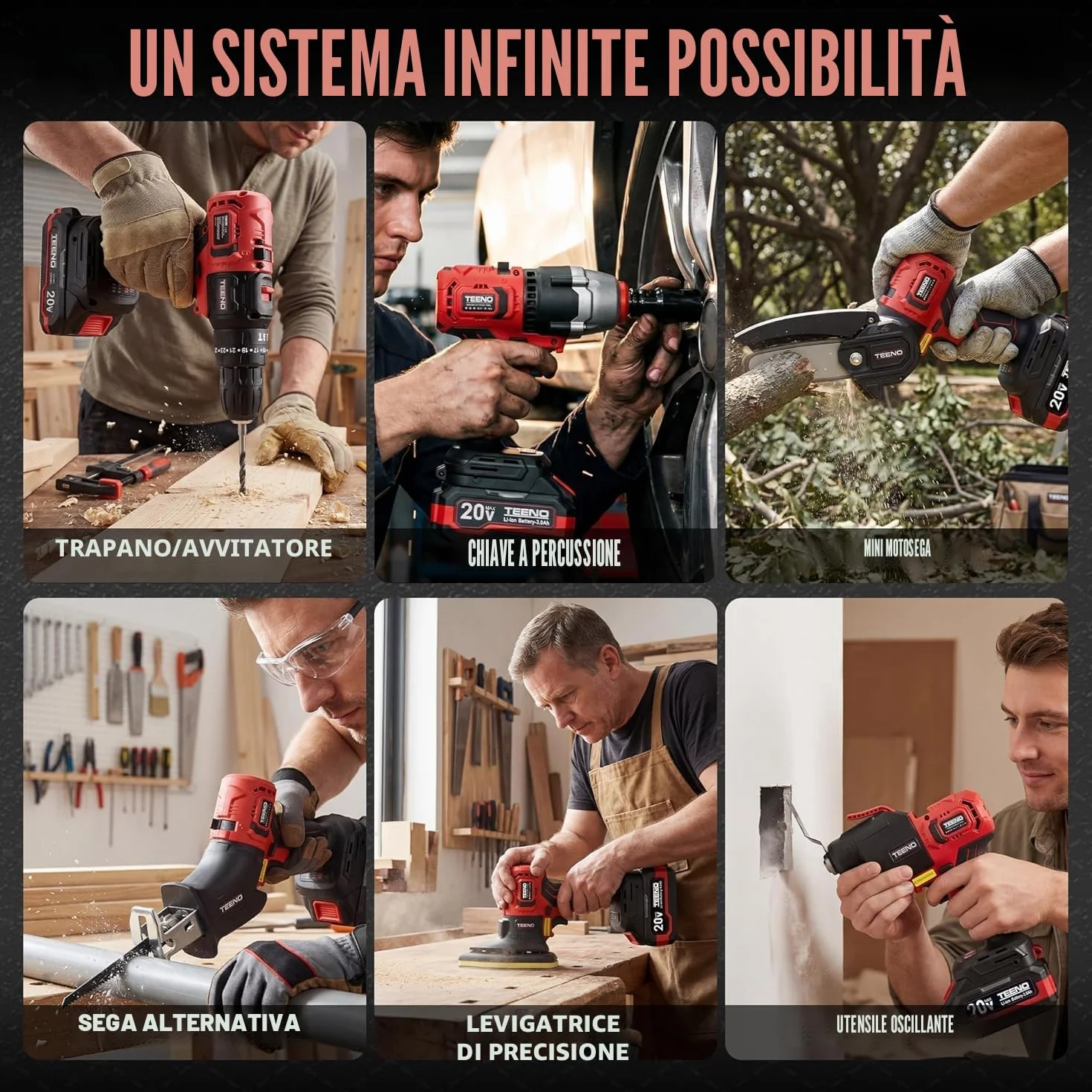 Kit Combinato Wireless 20V TEENO, Strumento Multifunzionale 8 in 1 con Custodia, Trapano, Sega a Catena, Cef A Urto, Levigatrice
