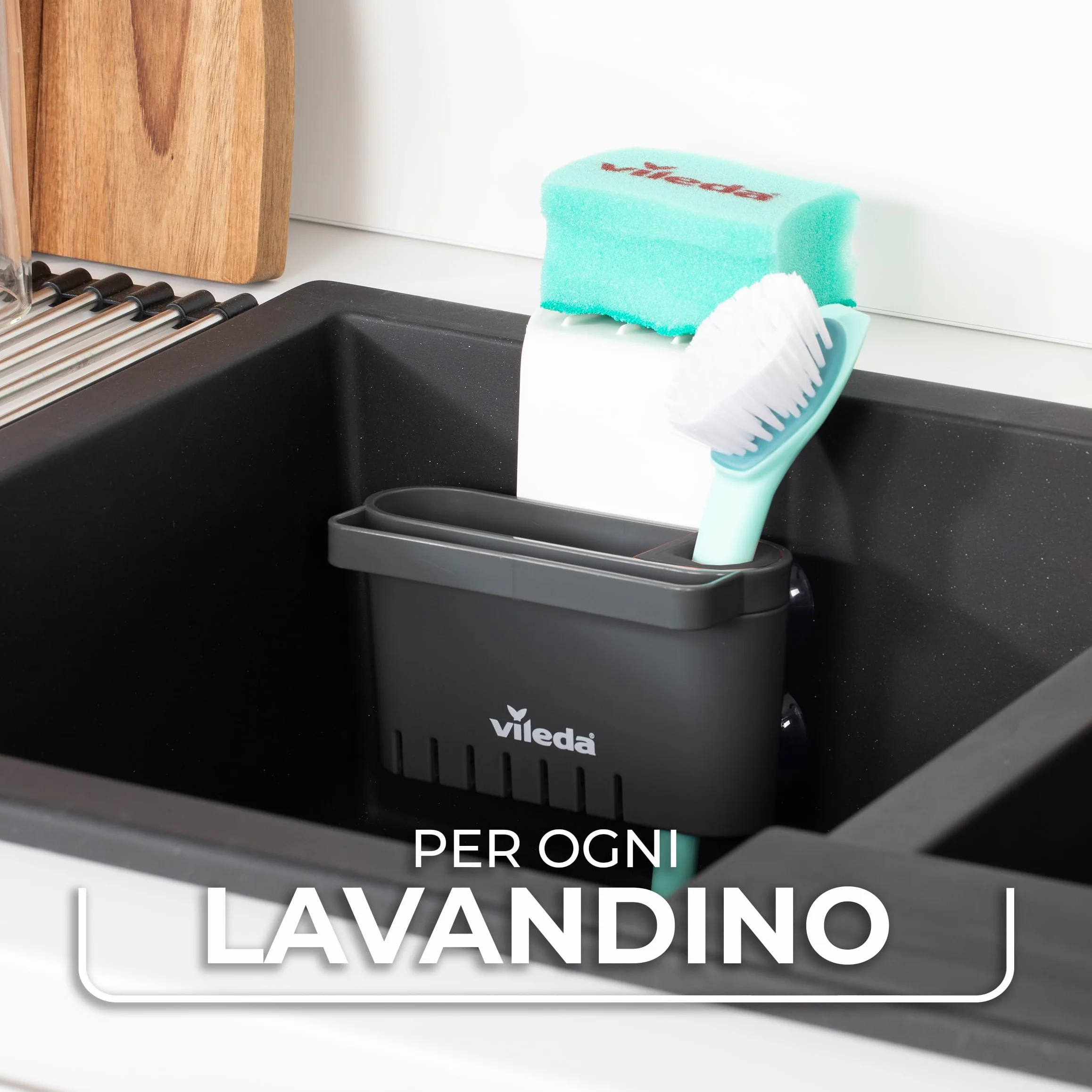 Vileda Portaspugna per Lavello con Ventosa Grigio Scuro – Organizer Lavandino Senza Foratura con Drenaggio Acqua