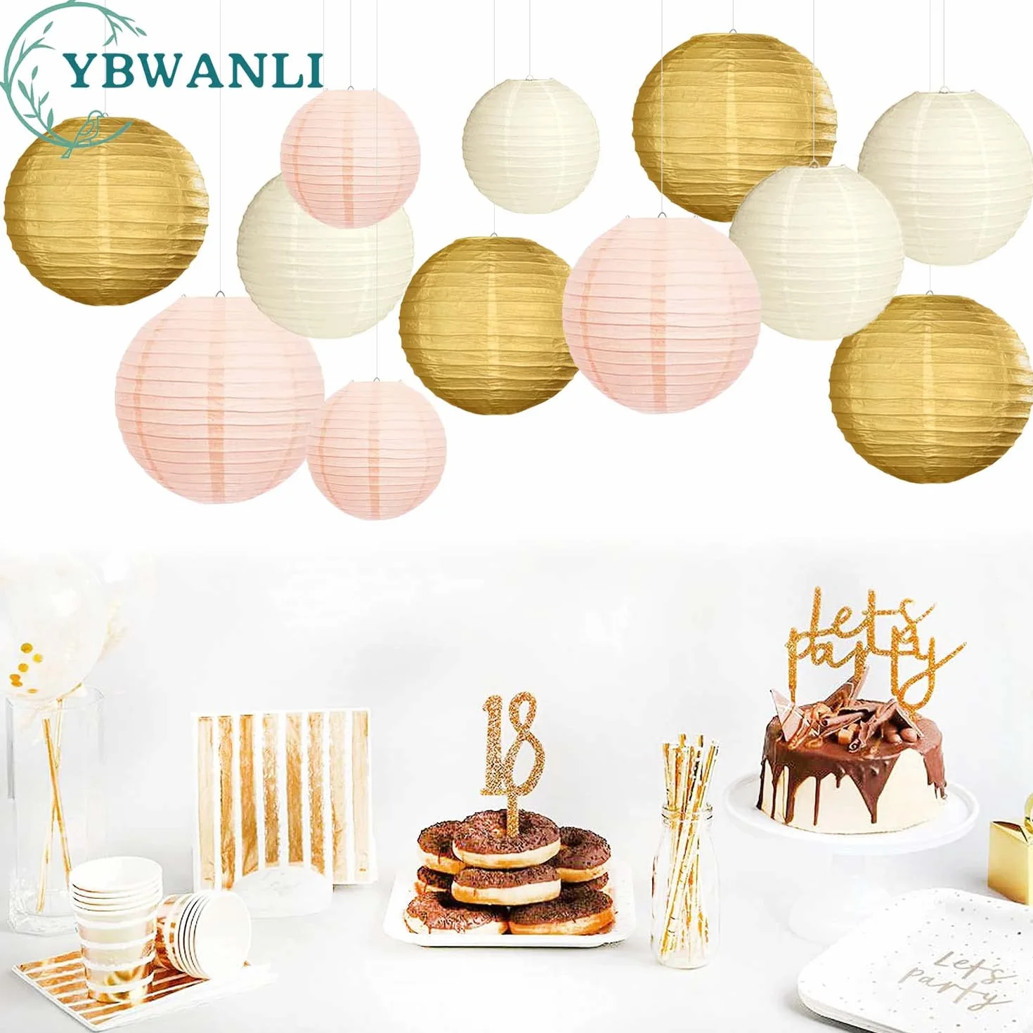 Lanterne di carta cinesi mongolfiera oro bianco avorio rosa set 12 pezzi decorazioni da appendere giardino festa compleanno