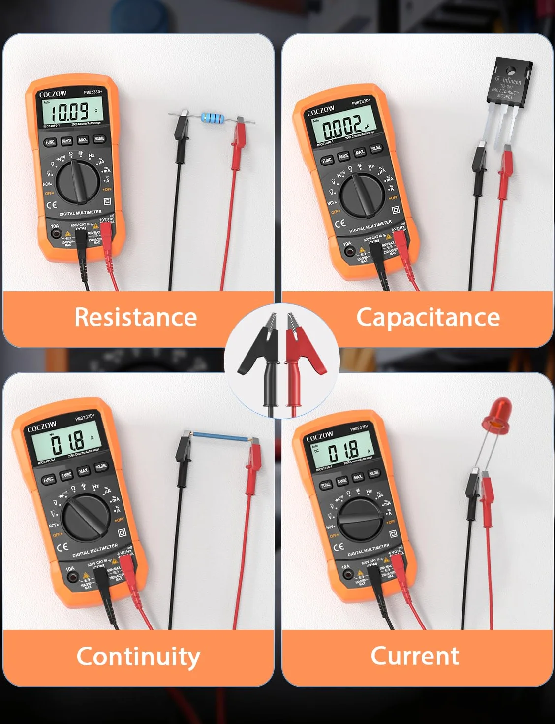 Multimetro Digitale Multi Tester Voltmetro Amperometro Ohmmetro con Morsetti a Coccodrillo Cavi di Prova Retroilluminazione