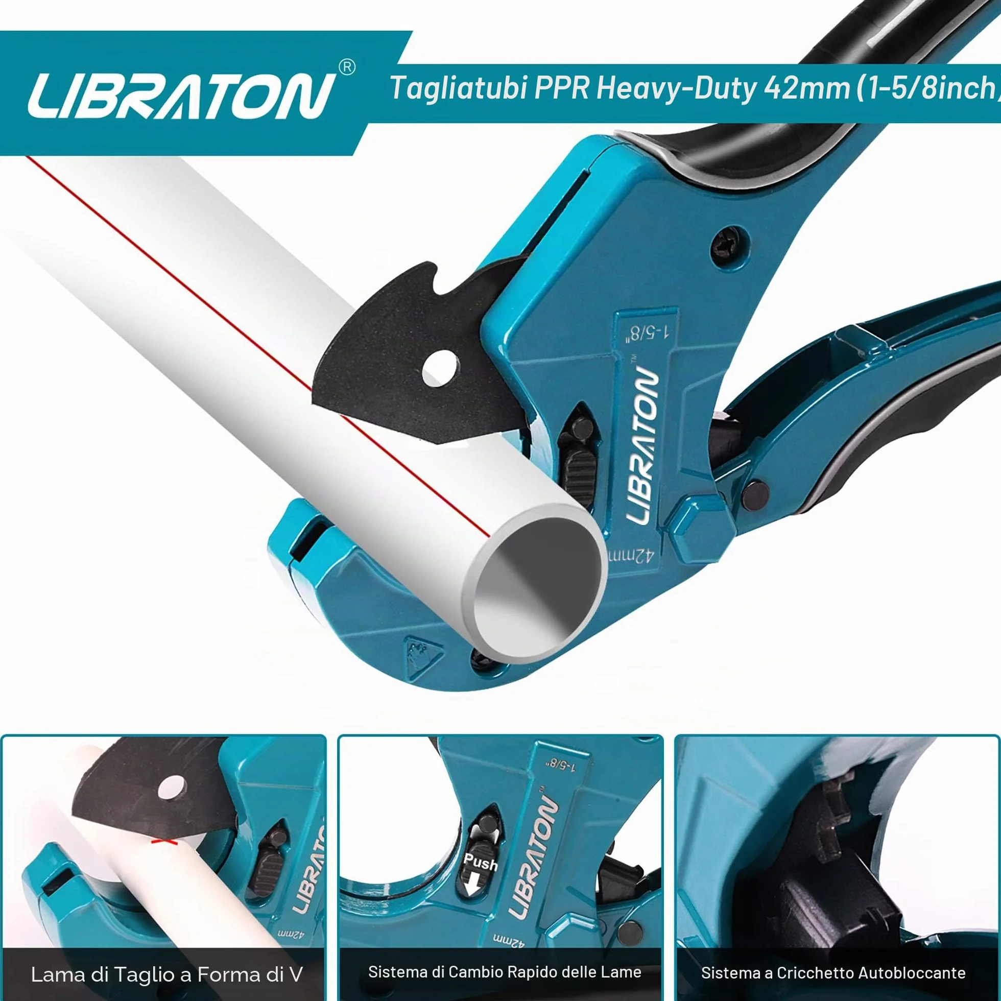Libraton PVC Tagliatubi, 42mm Taglierina per tubi in PVC, Macchina da Taglio a Cricchetto per Tagliare di Tubi in PVC, PPR, PEX, Idraulici