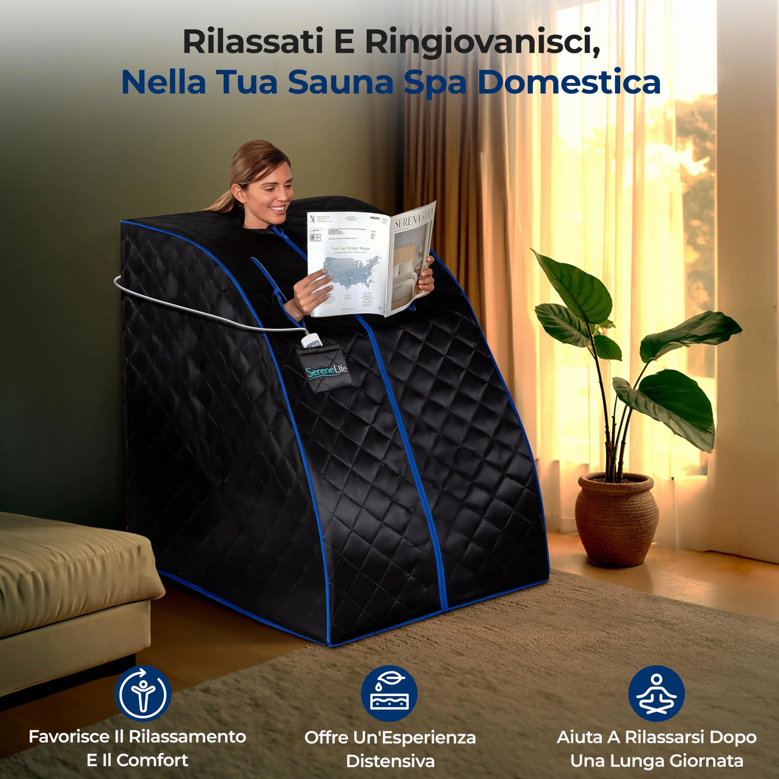 SereneLife Sauna a Vapore Portatile, Sauna Monoposto da Casa, Bagno Turco, Sauna Infrarossi con Tappetino Scaldapiedi e Sedia Pieghevole, Cabina Domestica per Spa, Nero