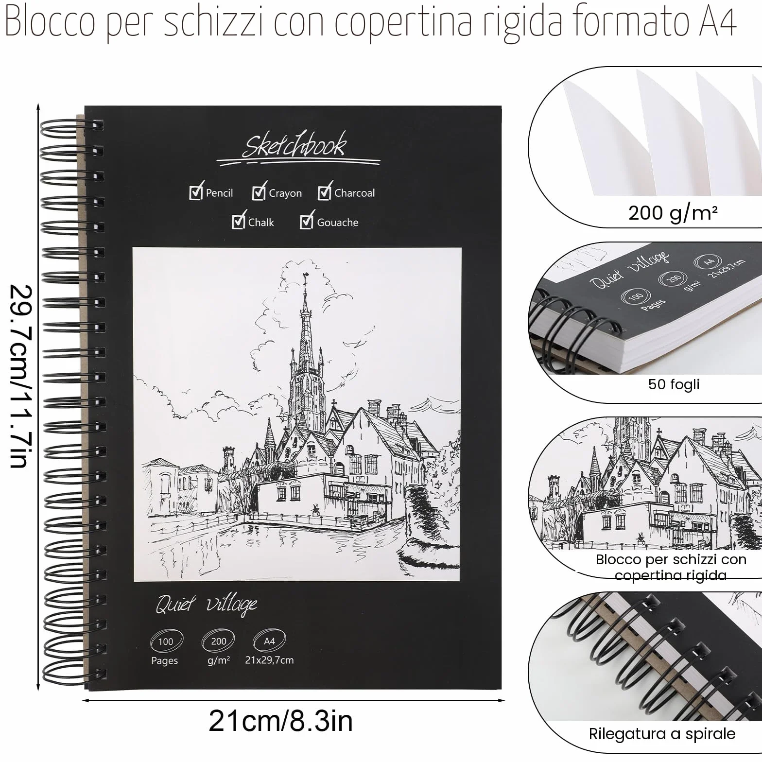 Sketchbook A4 Premium 200 g/m² 50 Fogli Blocco da Disegno a Spirale per Artisti