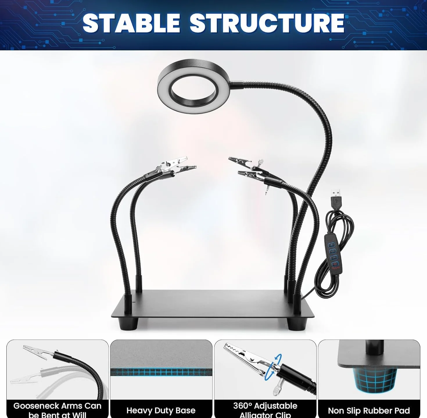 Terza mano per saldatura, supporto per saldatura con lente di ingrandimento 6x e luce, stazione di saldatura con 4 bracci flessibili e lampada LED con lente d'ingrandimento, supporto per saldatura per