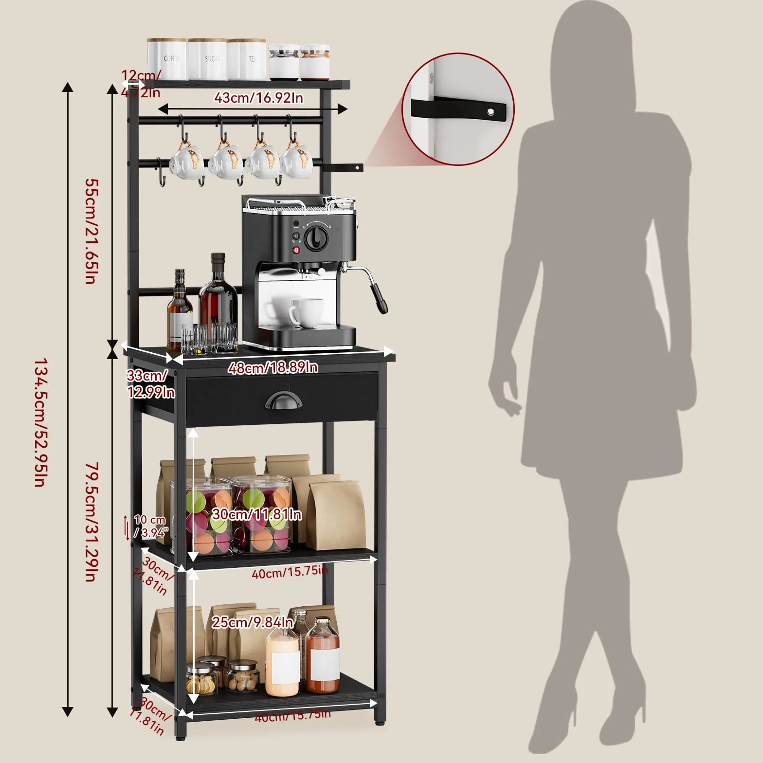 YMYNY Scaffale da Cucina, Porta-caffè in legno a 5 livelli, Scaffale per macchina del caffè, Organizzatore di 12 ganci, Cassetti in tessuto, 33 x 43 x 134,5 cm, per Soggiorno, Ufficio, Nero HBR009B