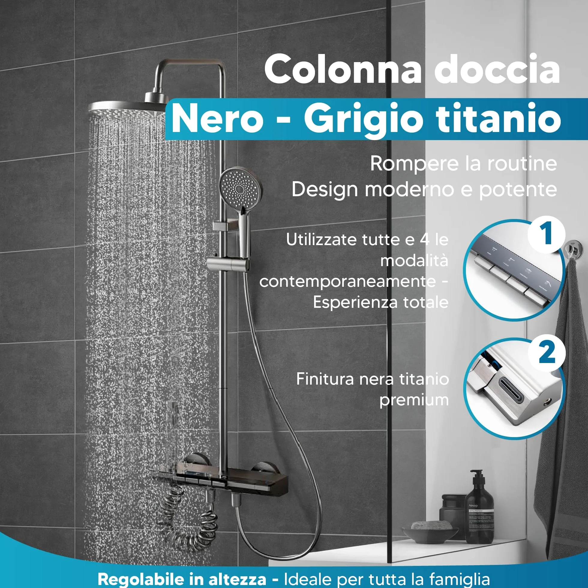 INEX EUROPA Colonna doccia nero grigio titanio con testa rotonda - colonna doccia 4 modalità e altezza regolabile - testa, getto, rubinetto e soffione doccia - 10 anni di garanzia