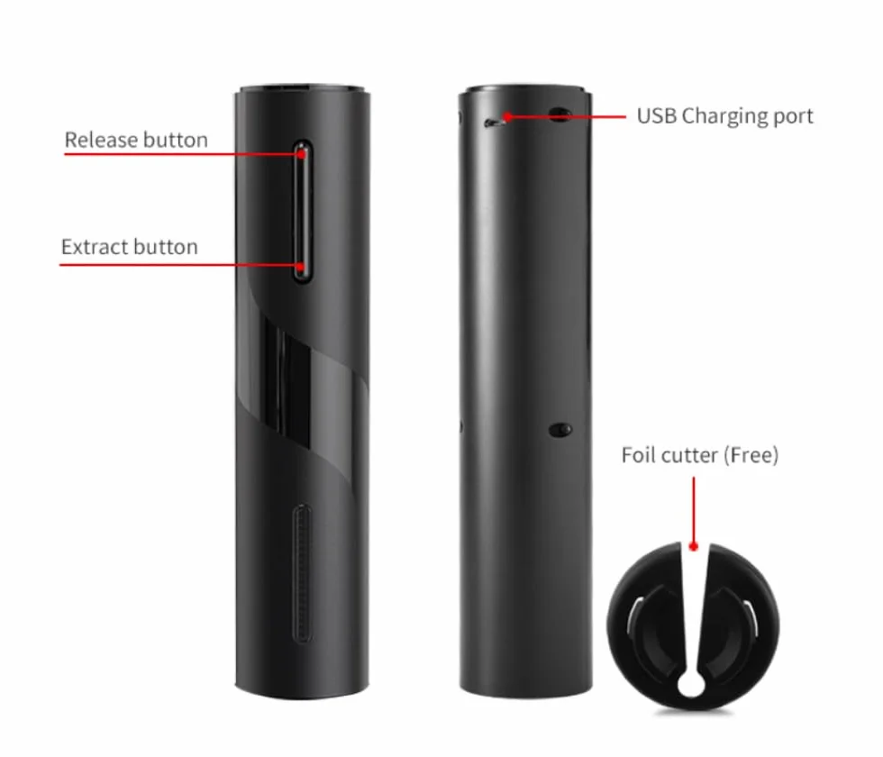 Apribottiglie elettrico, ricaricabile, professionale, senza fili, con tagliacapsule, cavo di ricarica USB, per amanti del vino, Nero