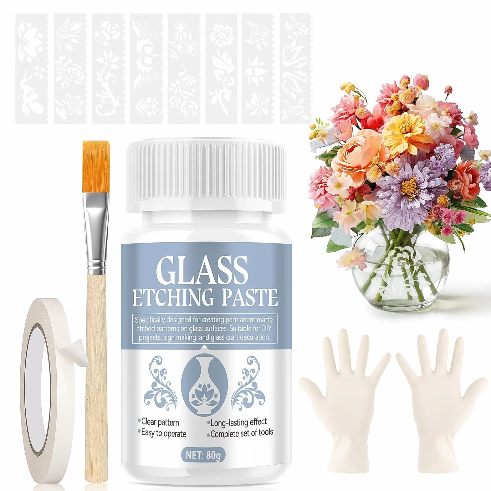 Pasta Caustica per Vetro, Etch Pasta for Glass Etch Crema Acidante Acidificante Glass Etching Cream Forma Rapidamente Una Sensazione Opaca Adatto per Bicchieri da Vino, Paralumi (Fiori)