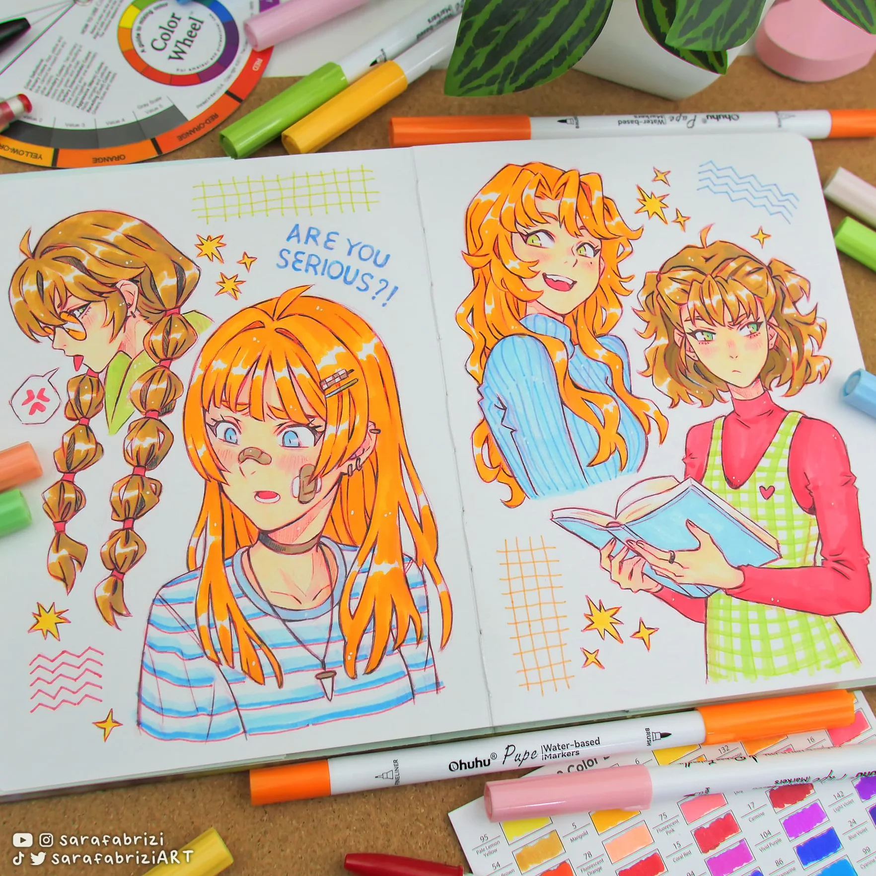 Ohuhu Pennarelli a Base d'Acqua 60 Colori - Inchiostro Amico della Carta, Brush Pen Doppia Punta (Pennello + Fineliner) - Marker Pennarelli Per Adulti, Calligrafia e Disegno, Serie Pupe