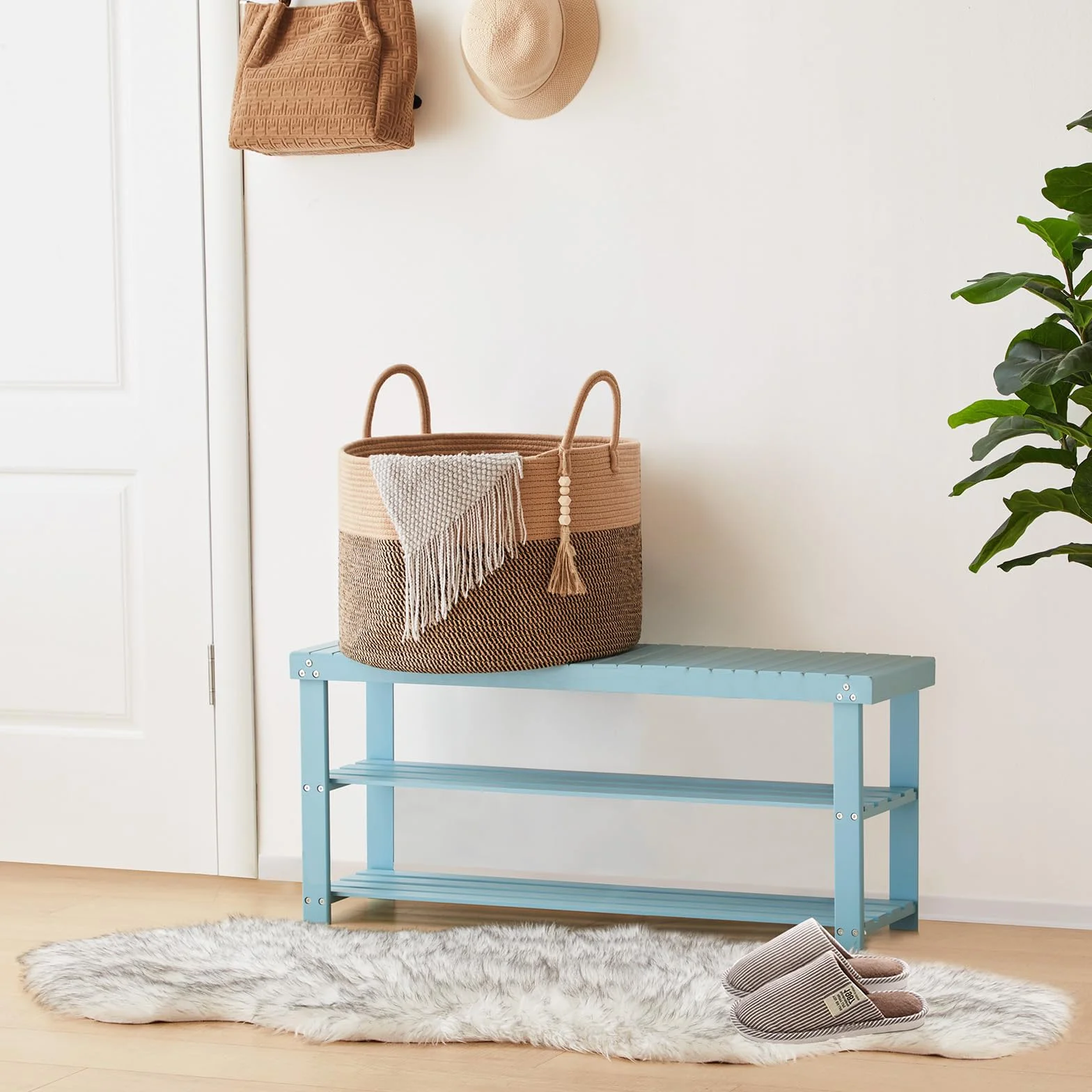 YOUDENOVA Cesto portabiancheria con perline decorative in legno, cestino portaoggetti per giocattoli per bambini, cestino per coperte in corda di cotone grande, cestino portaoggetti intrecciato