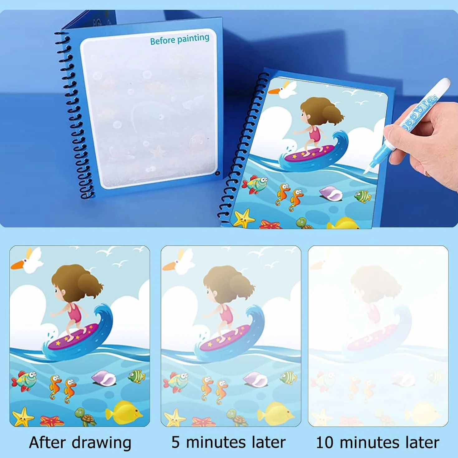 4 Pezzi Libro Magico ad con Acqua da Colorare, Magic Water Drawing Book, Libro di Pittura ad Acqua per Bambini, Water Book da Disegno, Per Bambini Dai 3 Anni