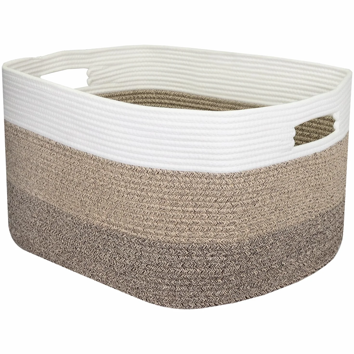 HMF XXL Cesto portabiancheria in cotone, cesto contenitore angolare con manici | 55 x 43 x 30 cm | Bianco-Marrone