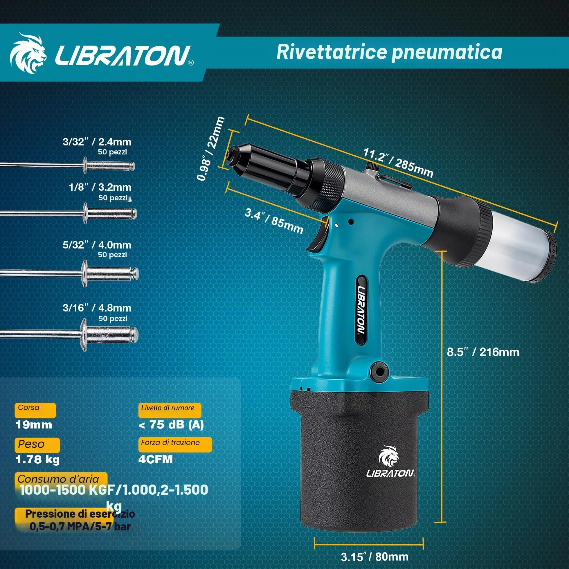 LIBRATON Kit rivettatrice pneumatica Gu 2,4-4,8 mm con rivetto 200c, strumento di riparazione automatica