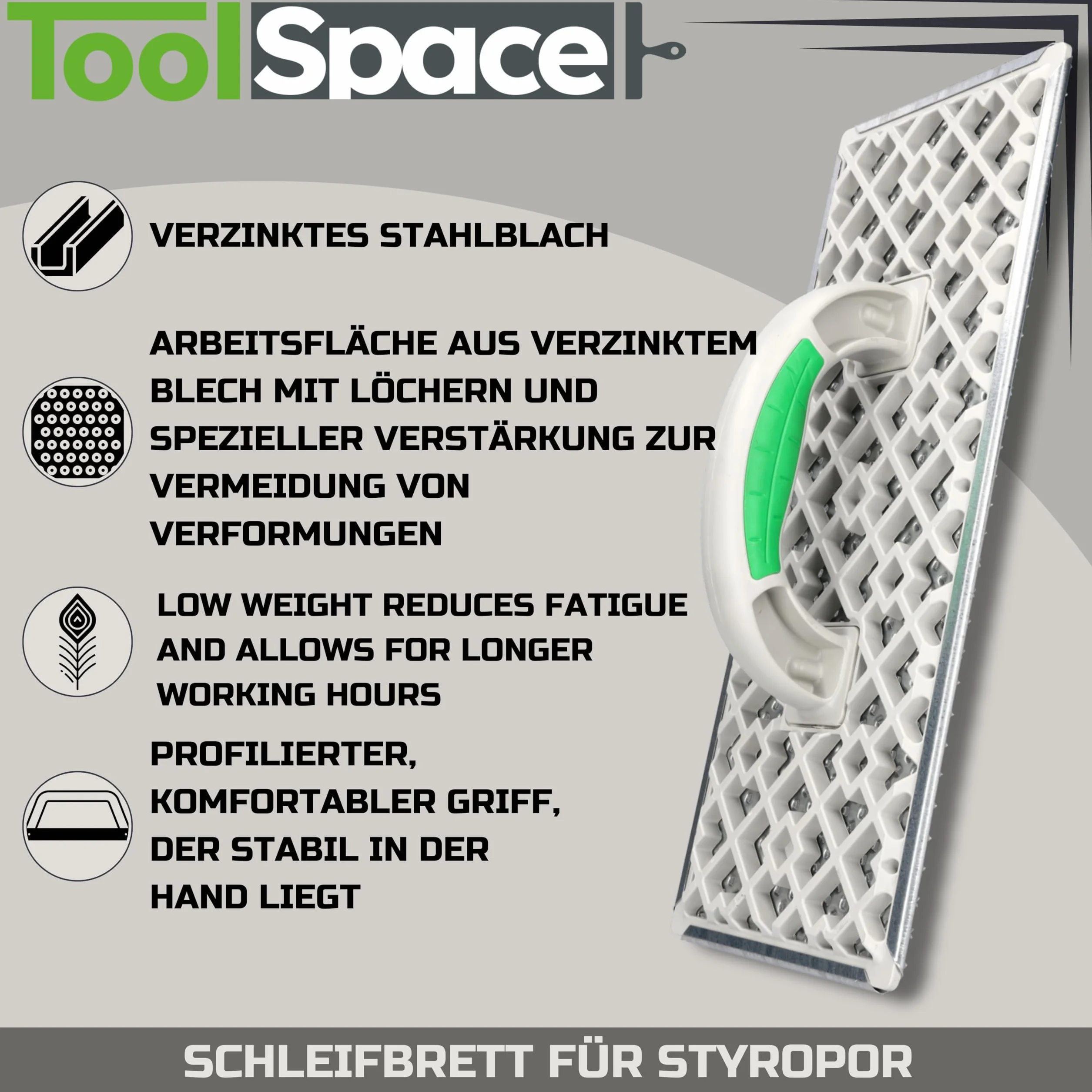 ToolSpace GRANDE Raspa per Styropor, Tavoletta Abrasiva, Levigatrice 380x160mm, Raspa per Styropor, Raschiatore per Styropor, Tavoletta di Raspa, Plastica, Zincata, Lamiera d'Acciaio, Livellamento di