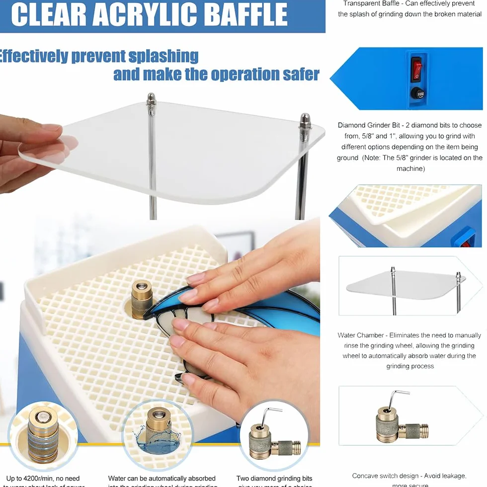 Smerigliatrice per Vetro Portatile,220V,65W,4200r/min,con Funzione di Aspirazione Automatica,Protezione Trasparente,2 Testine Smerigliatrici Intercambiabili e Accessori da 30 pcs per Vetro e Ceramica