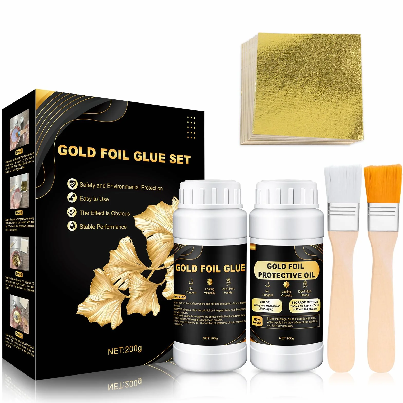 Allony Colla per Foglia Oro, Missione per Foglia Oro, Foglia Oro, Foglia Oro Decorazione, Include Colla 100g e Vernice Protettiva a Base d'acqua da 100g, 100 Pezzi, Adatto Lavori Manuali e Pittura