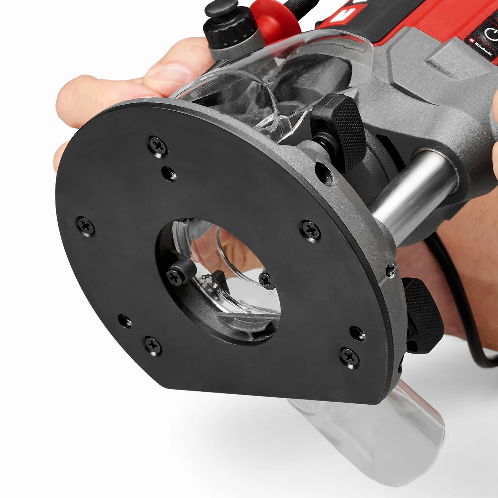 Fresatrice Einhell Professional TP-RO 1400 E (1400 W, altezza di soll. 55 mm, pinze di serraggio Ø 6 e 8 mm, luce a LED, incl. Guida parallela, punta del compasso, manicotto copiatore e utensile)