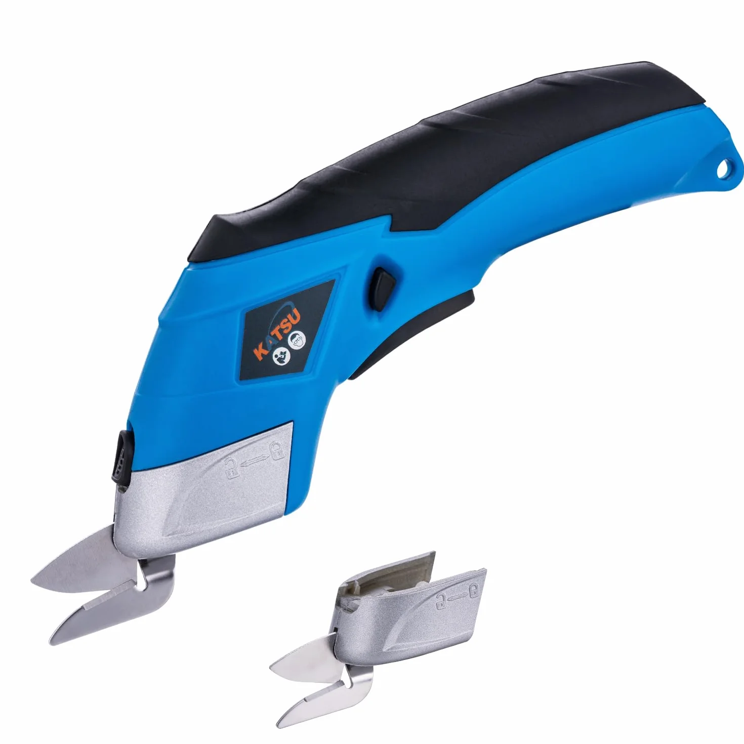 KATSU Tools Forbici Elettriche Cutter per Tessuti 3,6V Ricaricabile con 2 Teste da Taglio in Lega di Acciaio Forbici a Batteria per Tessuto Carta Cartone Pelle Panno