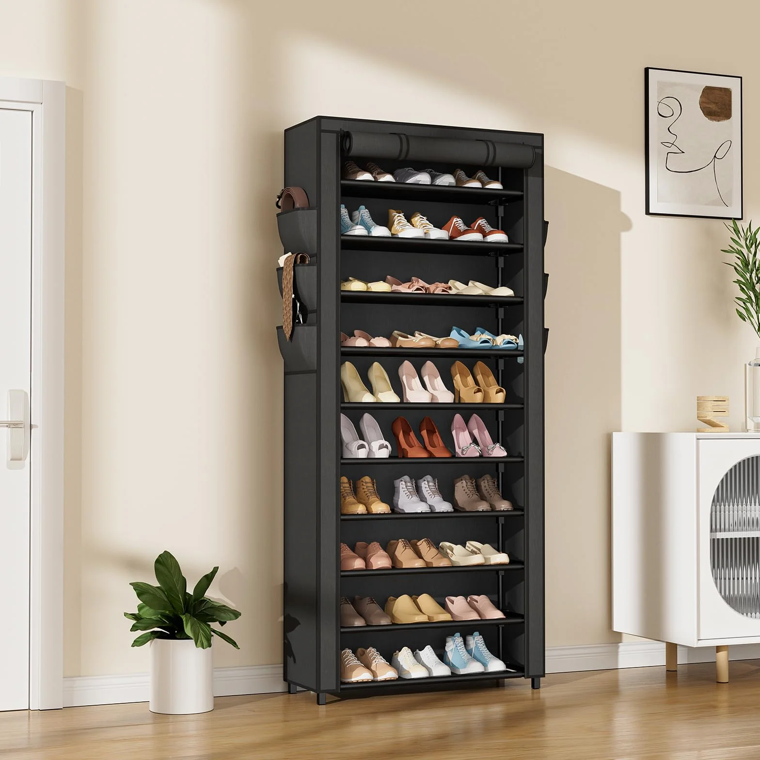 Vicye Scarpiera in Tessuto 11 Piani per 36-41 Scarpe, Scarpiera Alta Slim con Copertura Antipolvere, Portascarpe a Risparmio di Spazio, Struttura in Metallo, Ideale per Ingresso o Soggiorno, Nero