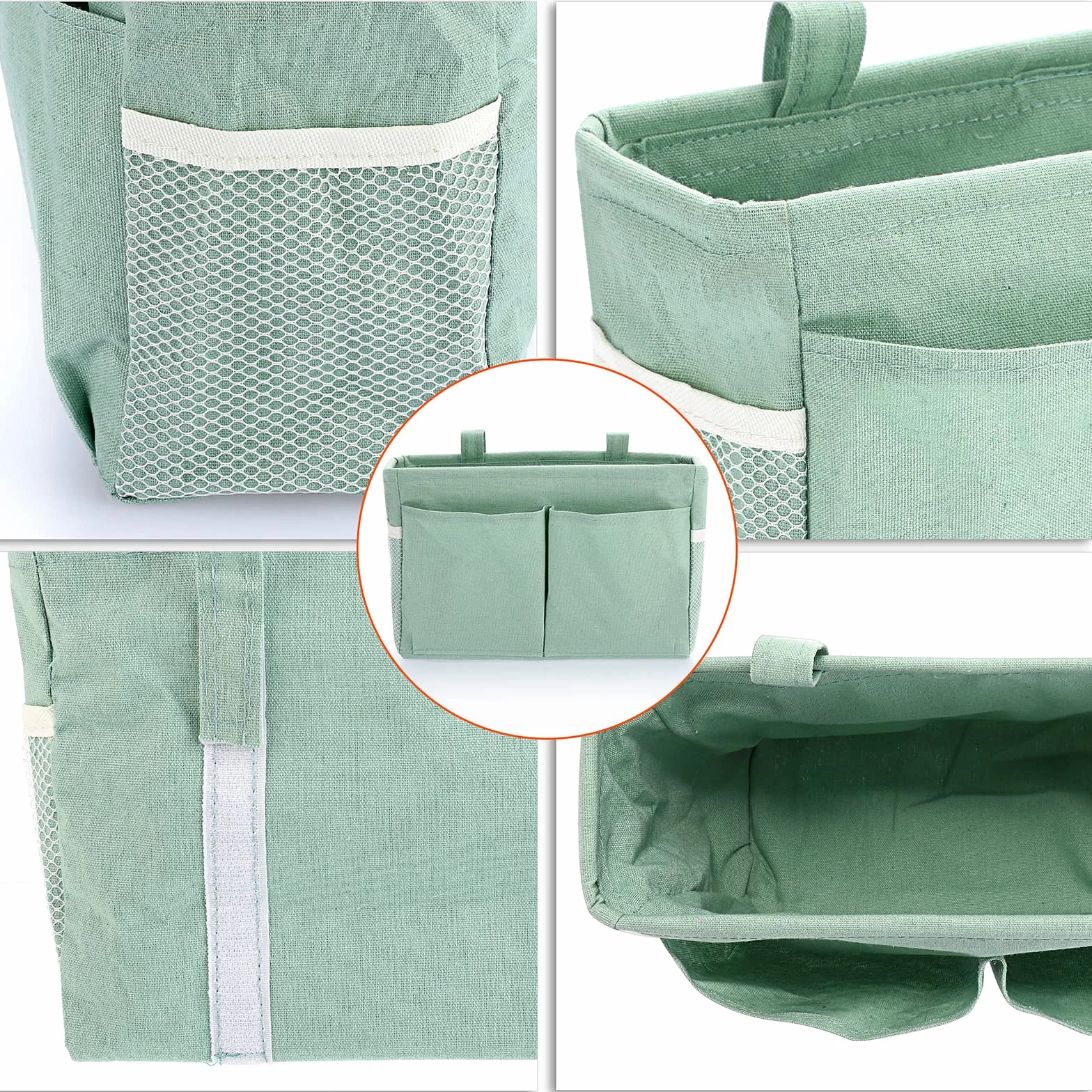 IGNPION Cestini portaoggetti da appendere al comodino in tela, tasche regolabili, organizer multiuso, verde
